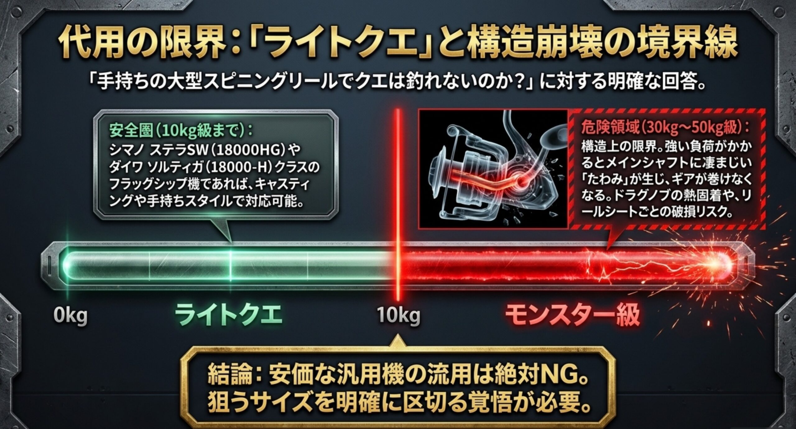 10kg級までのライトクエなら大型スピニングで対応可能だが、モンスター級では構造的な限界があることを示したスライド