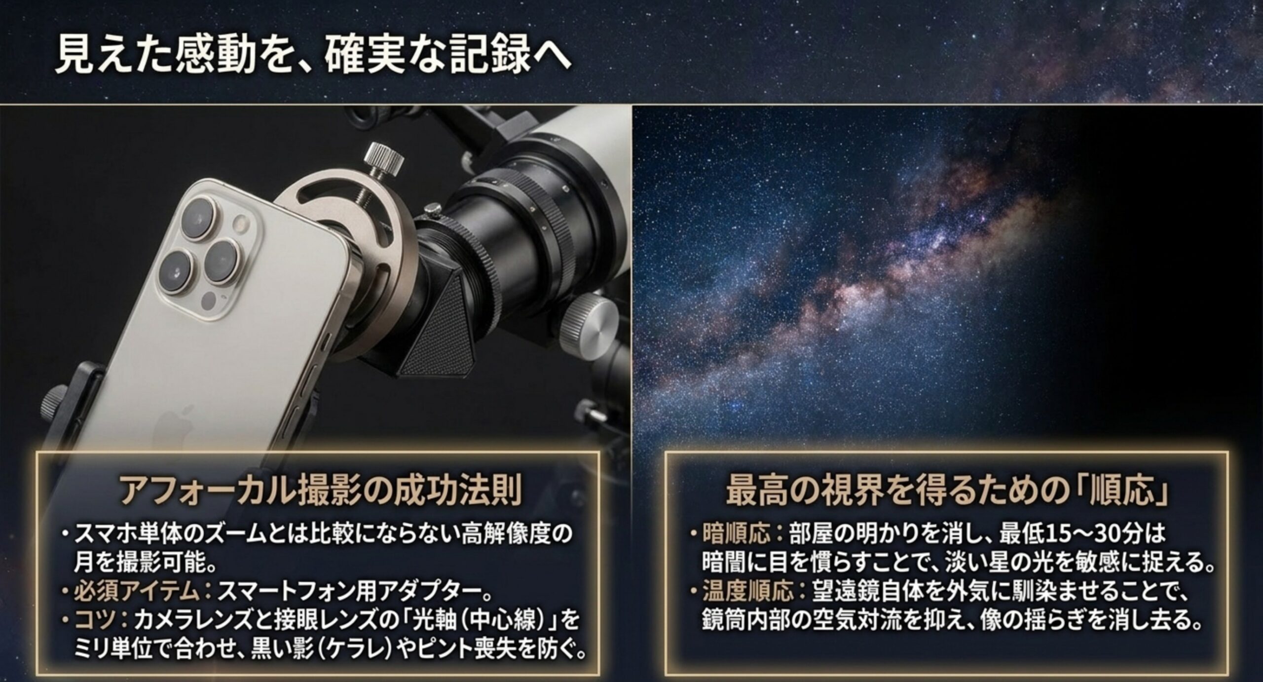 スマホアダプターでのアフォーカル撮影の法則と、暗順応・温度順応のポイントをまとめたスライド
