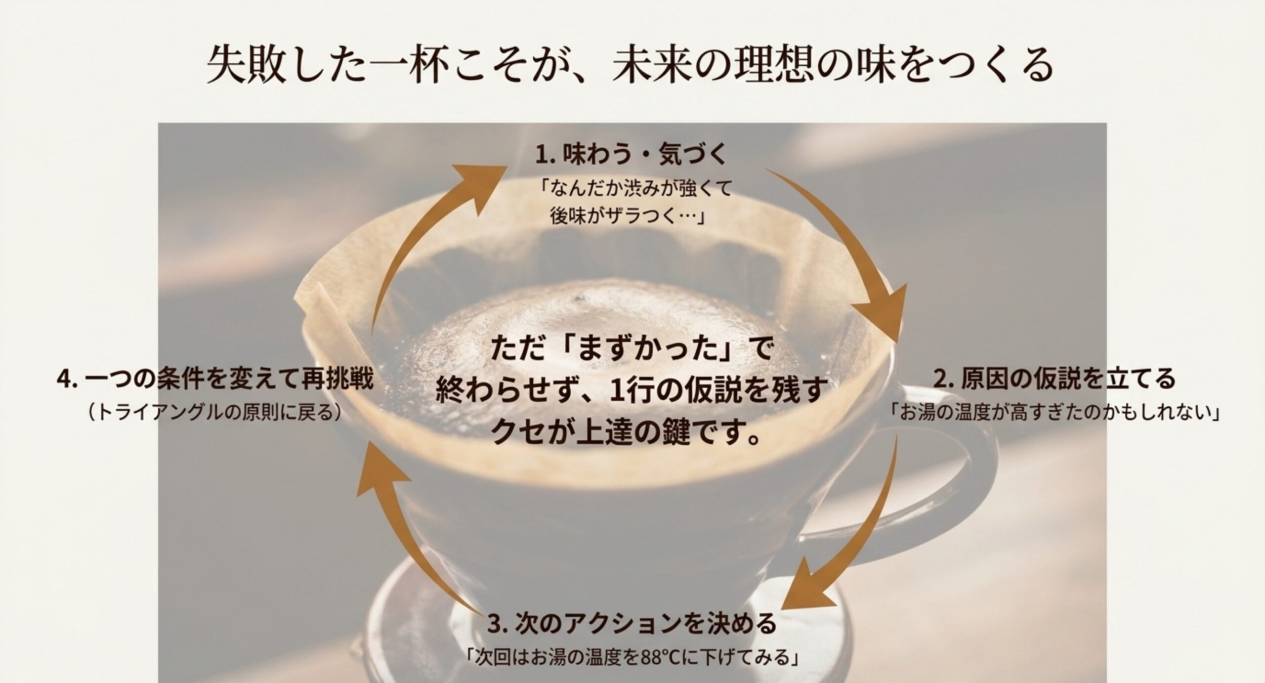 味わう・仮説を立てる・次のアクションを決める・一つだけ変えて再挑戦という改善サイクルのスライド