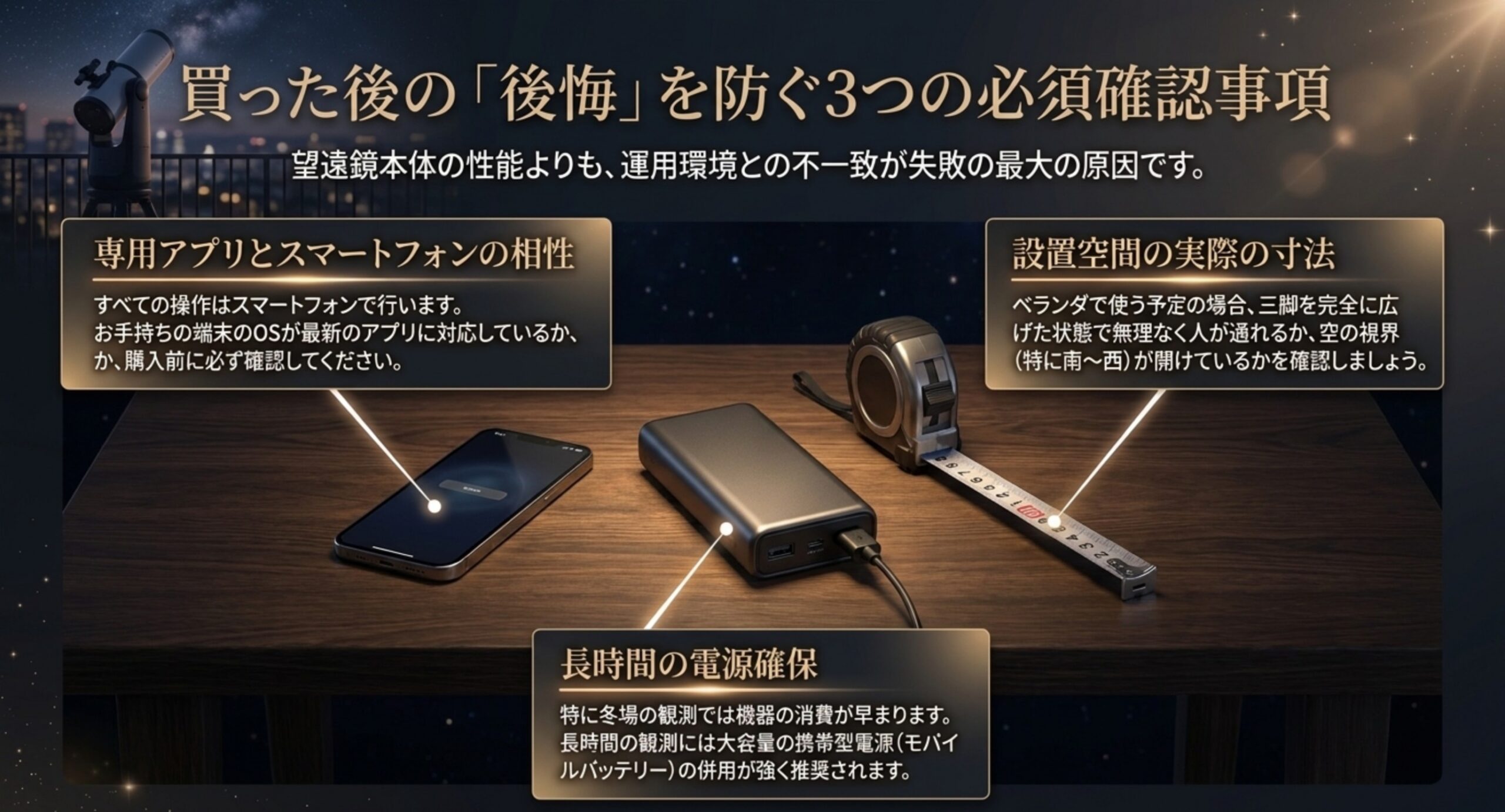 専用アプリとスマートフォンの相性、長時間の電源確保、設置空間の実際の寸法という購入前の確認事項をまとめたスライド。