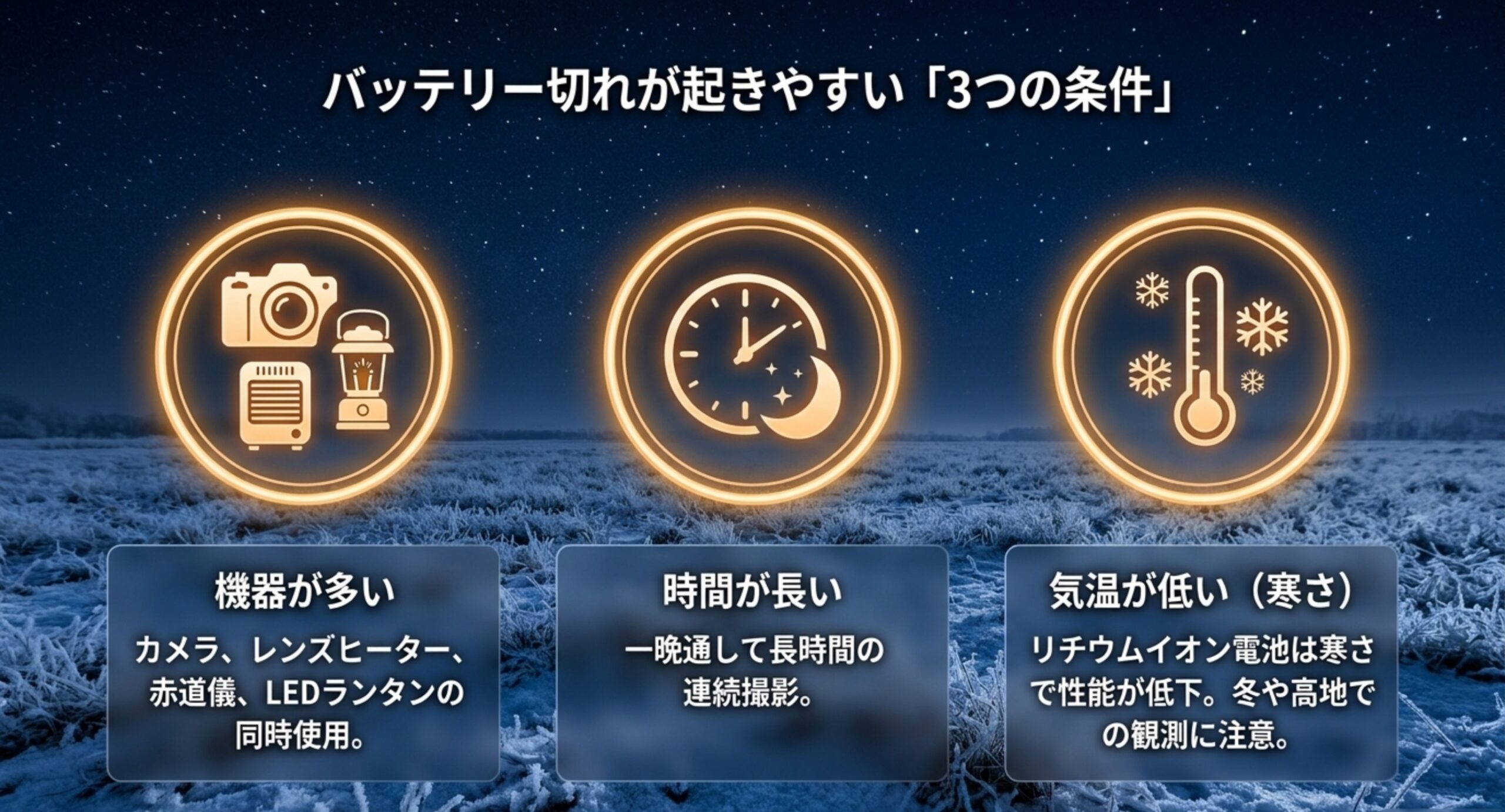 機器が多い・使用時間が長い・気温が低いという、電池切れが起きやすい3つの条件を並べたスライド