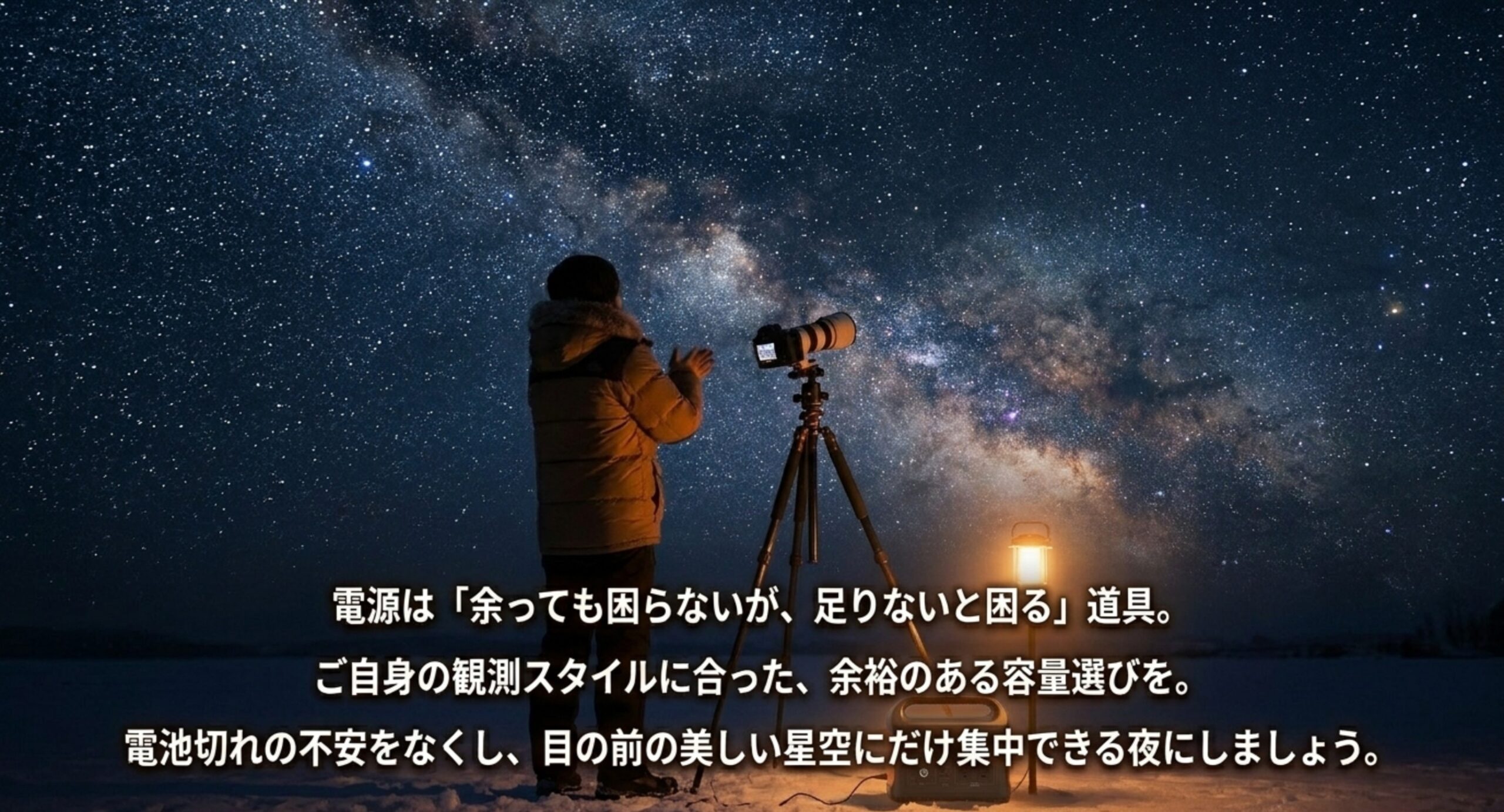 星空を眺める人とポータブル電源の写真に、余裕のある容量選びで電池切れの不安をなくす要点を添えたまとめスライド