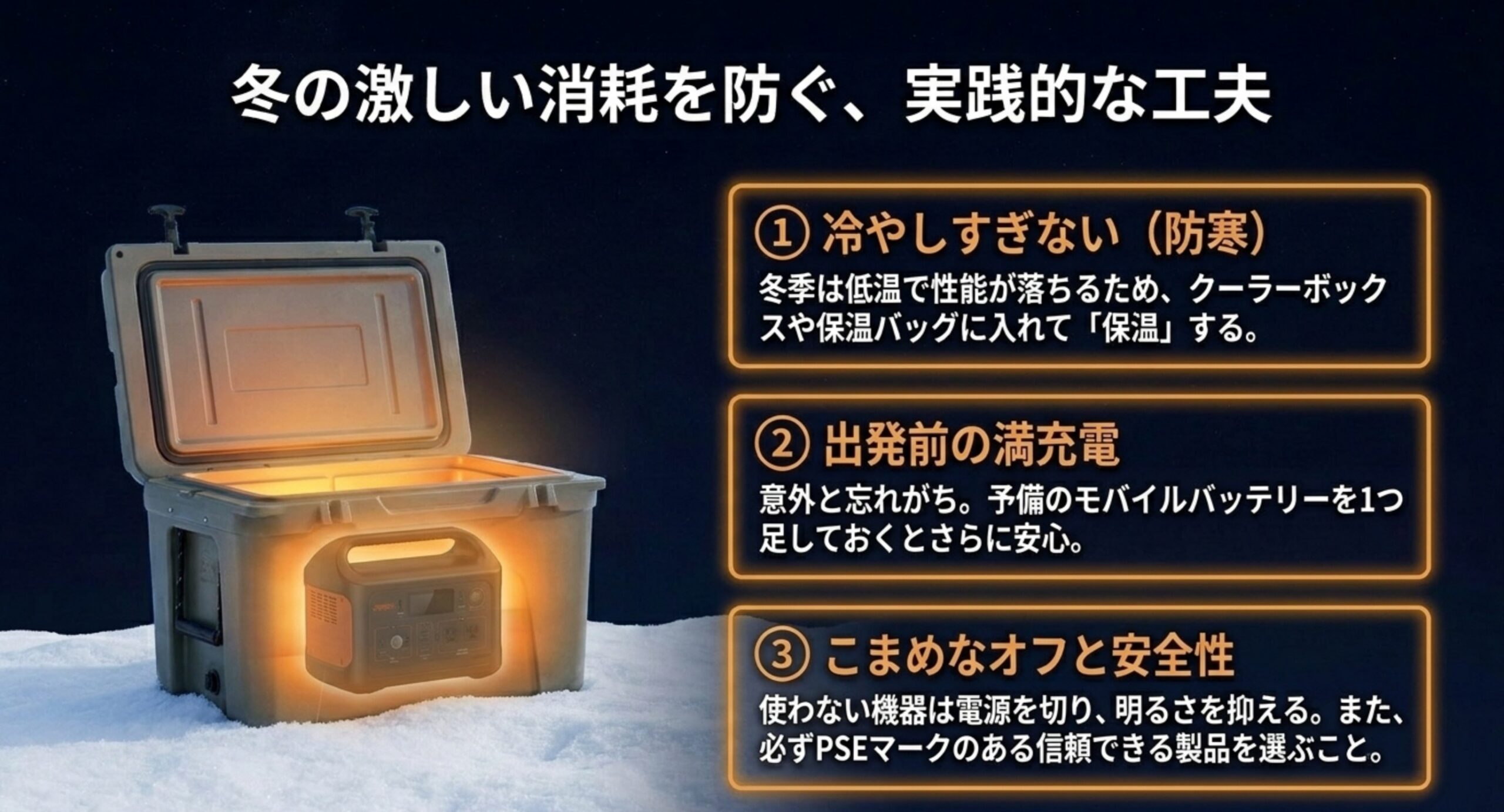 冷やしすぎない・出発前の満充電・こまめなオフと安全性という、冬の電池消耗を防ぐ工夫を示したスライド