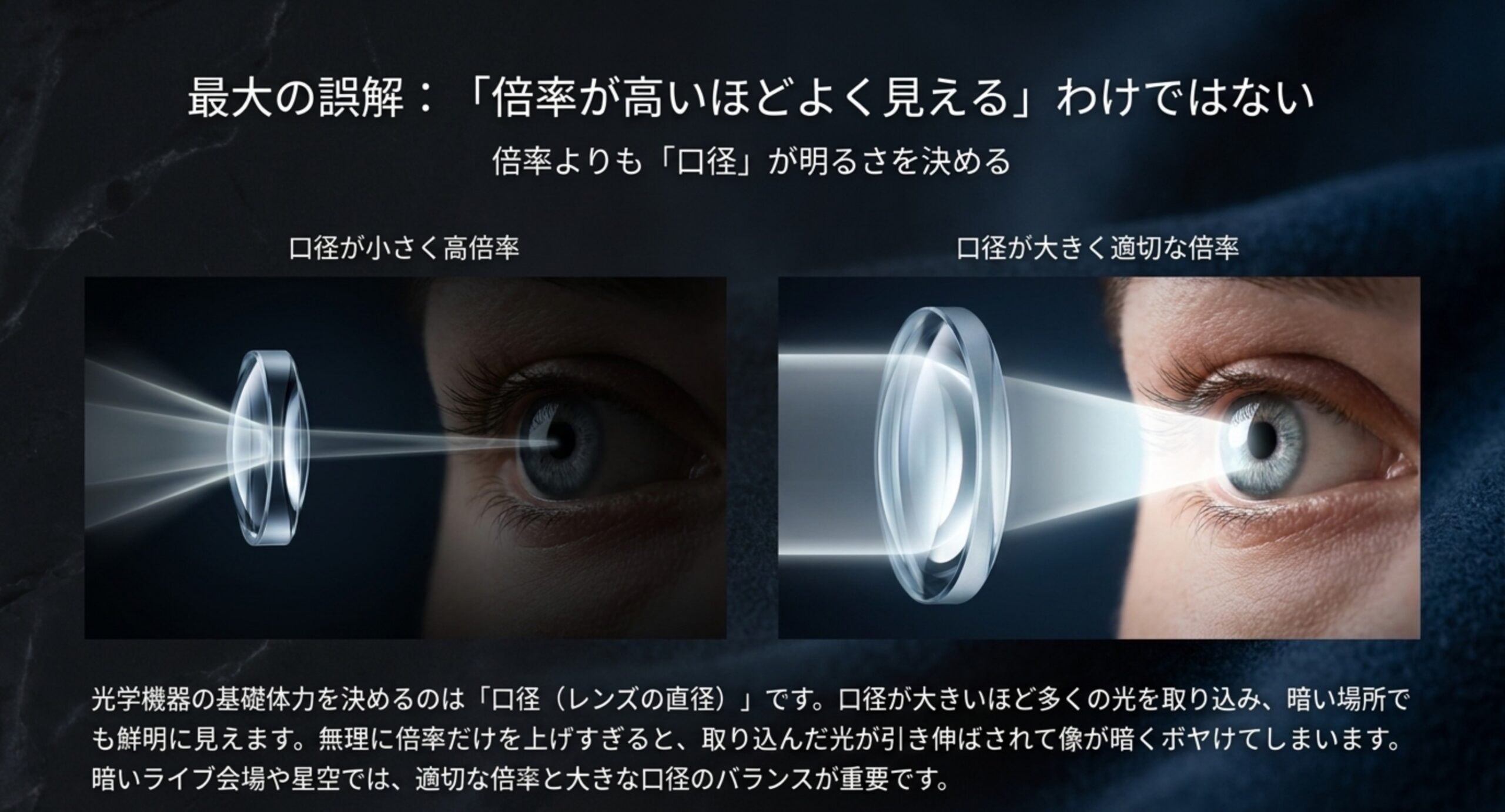口径が小さく高倍率のレンズと、口径が大きく適切な倍率のレンズで、目に届く光の量と像の明るさがどう変わるかを比較したスライド。