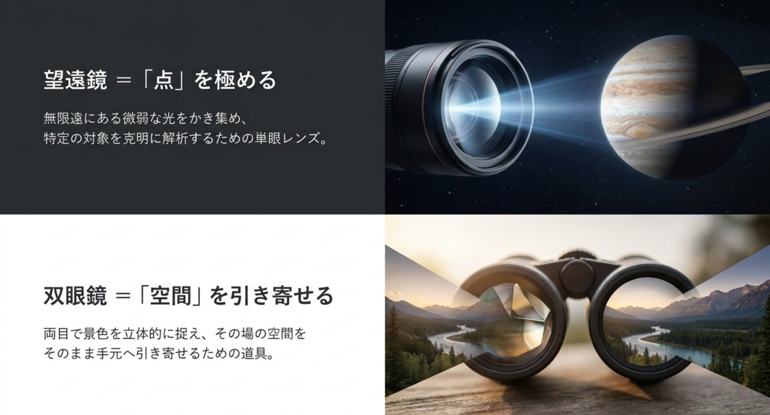 望遠鏡が単眼で一点を克明に見る道具、双眼鏡が両目で空間を立体的に捉える道具であることを対比したスライド。