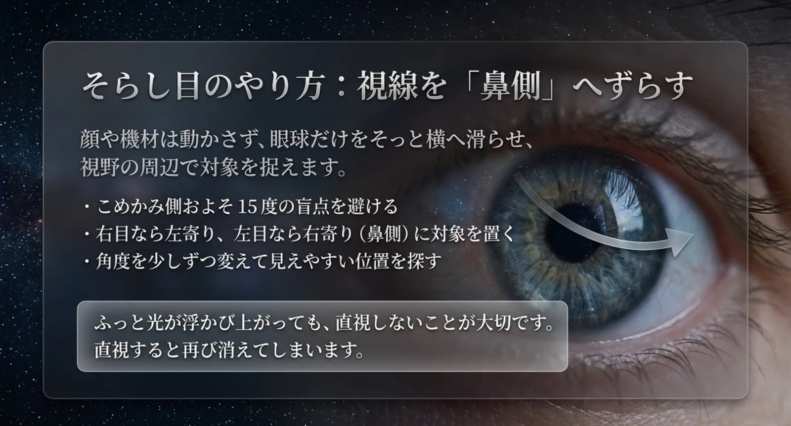 こめかみ側およそ15度の盲点を避け、対象を視野の鼻側に置く手順を示した図