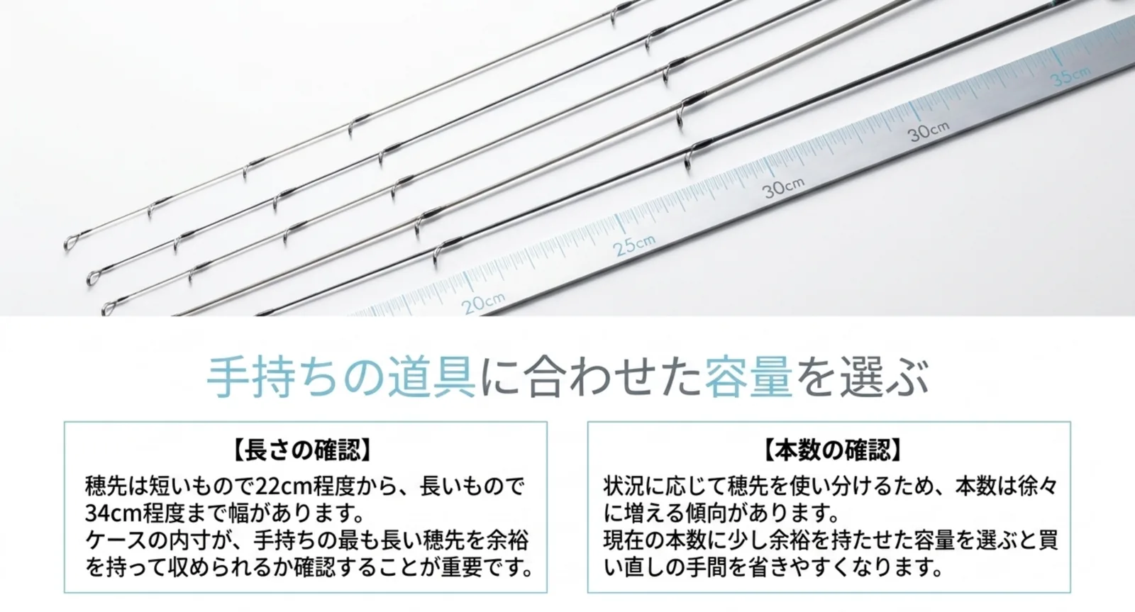 定規に並べた複数の穂先と、長さは22cmから34cm程度まで幅があることを示した図