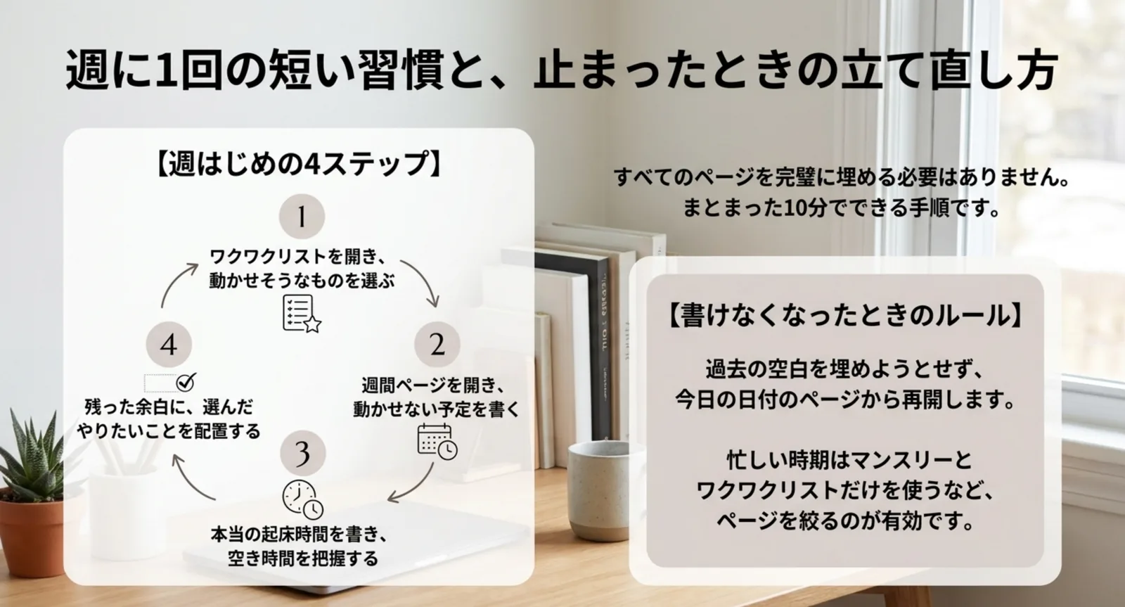 週のはじめに行う4つの手順と書けなくなったときの立て直し方の図