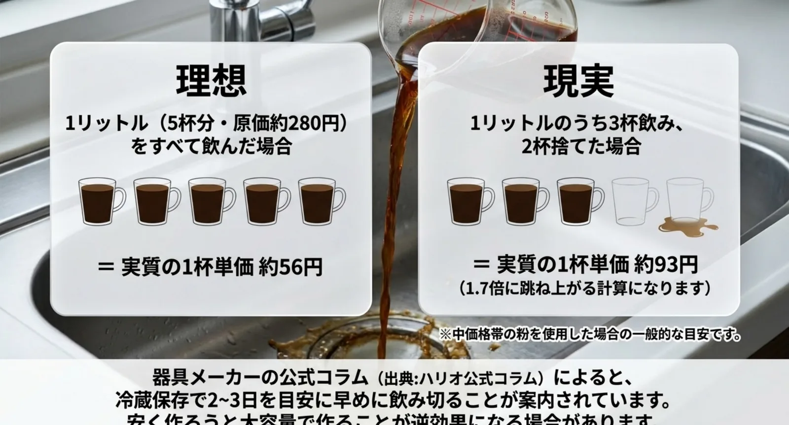1リットルを5杯とも飲んだ場合と3杯だけ飲んだ場合で、実質の1杯単価を並べて比べたスライド