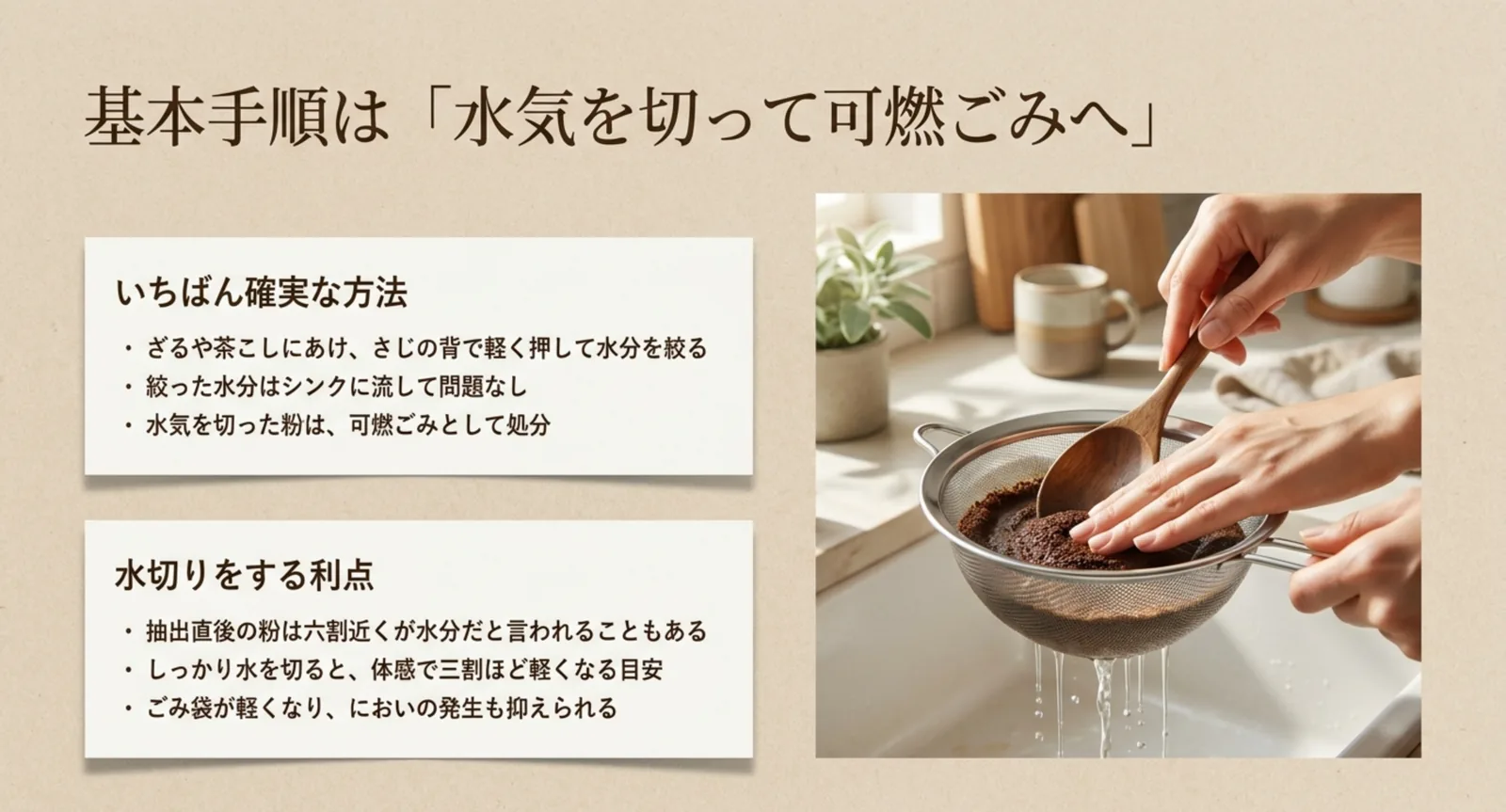 ざるにあけた粉をさじの背で押して水を切る手順と、水切りをする利点をまとめたスライド