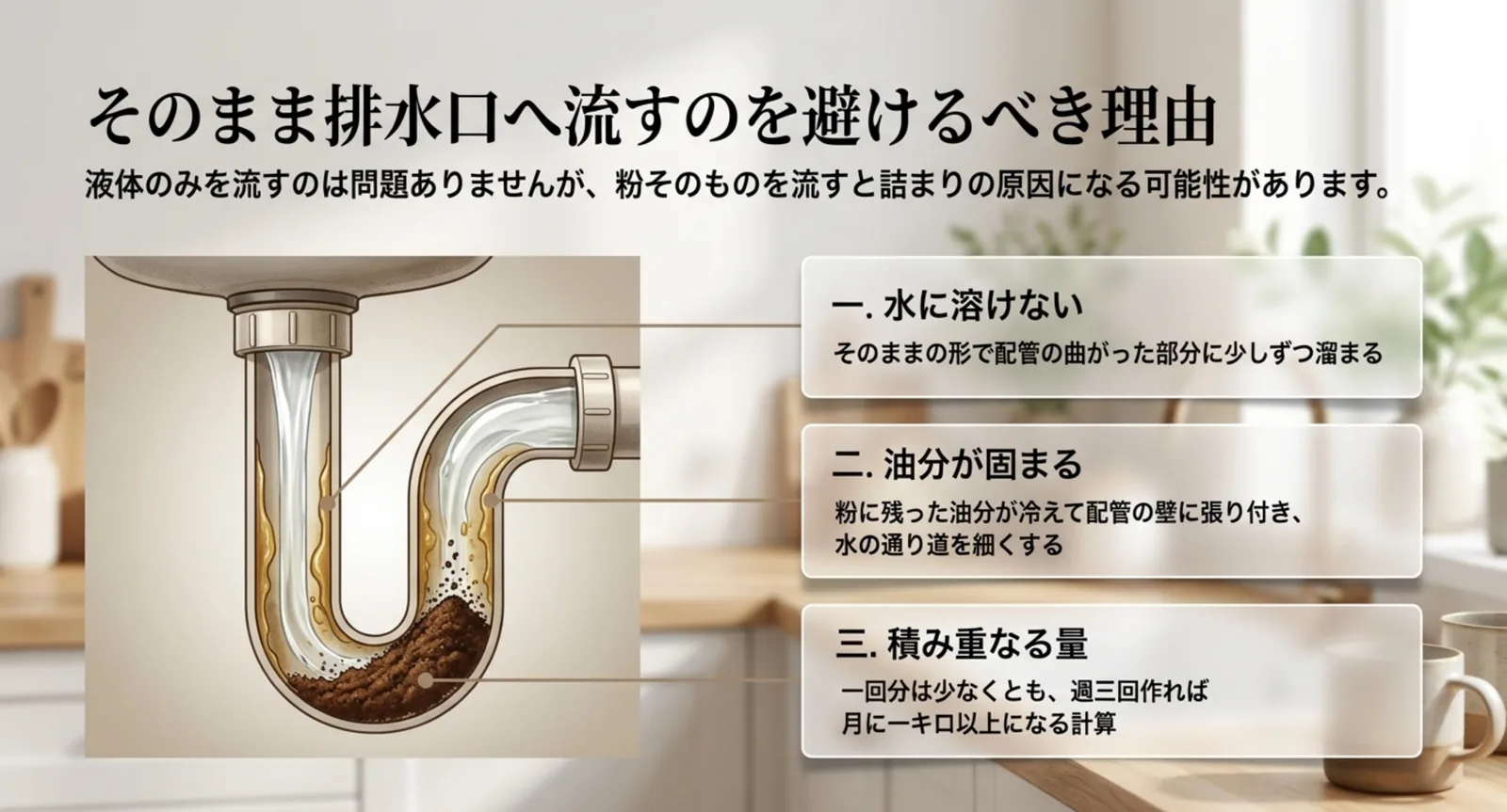 配管の曲がった部分に粉と油分が溜まる様子と、水に溶けない・油分が固まる・量が積み重なるという3つの理由を並べたスライド