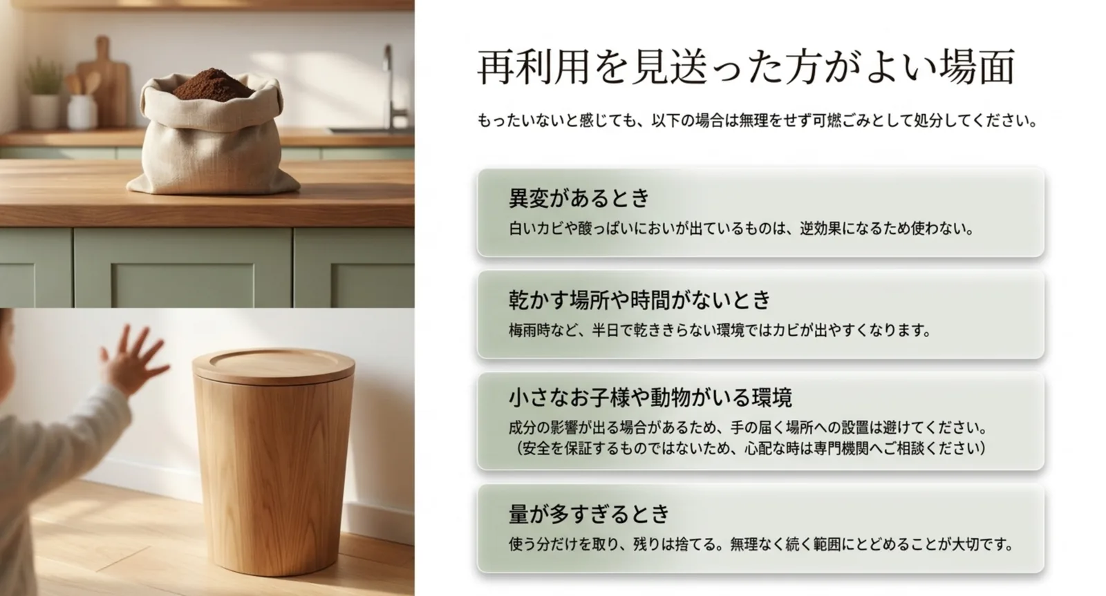 カビや異臭があるとき・乾かす場所がないとき・子どもやペットがいるとき・量が多すぎるときの4つを並べたスライド