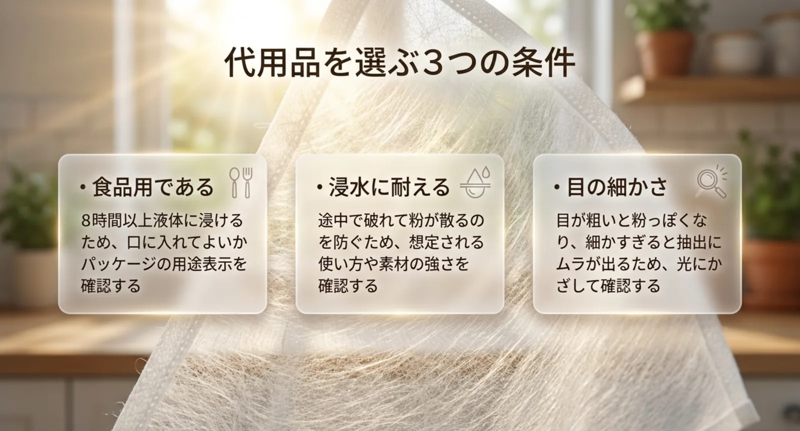 食品用であること・浸水に耐えること・目の細かさという3つの条件を並べた図のスライド