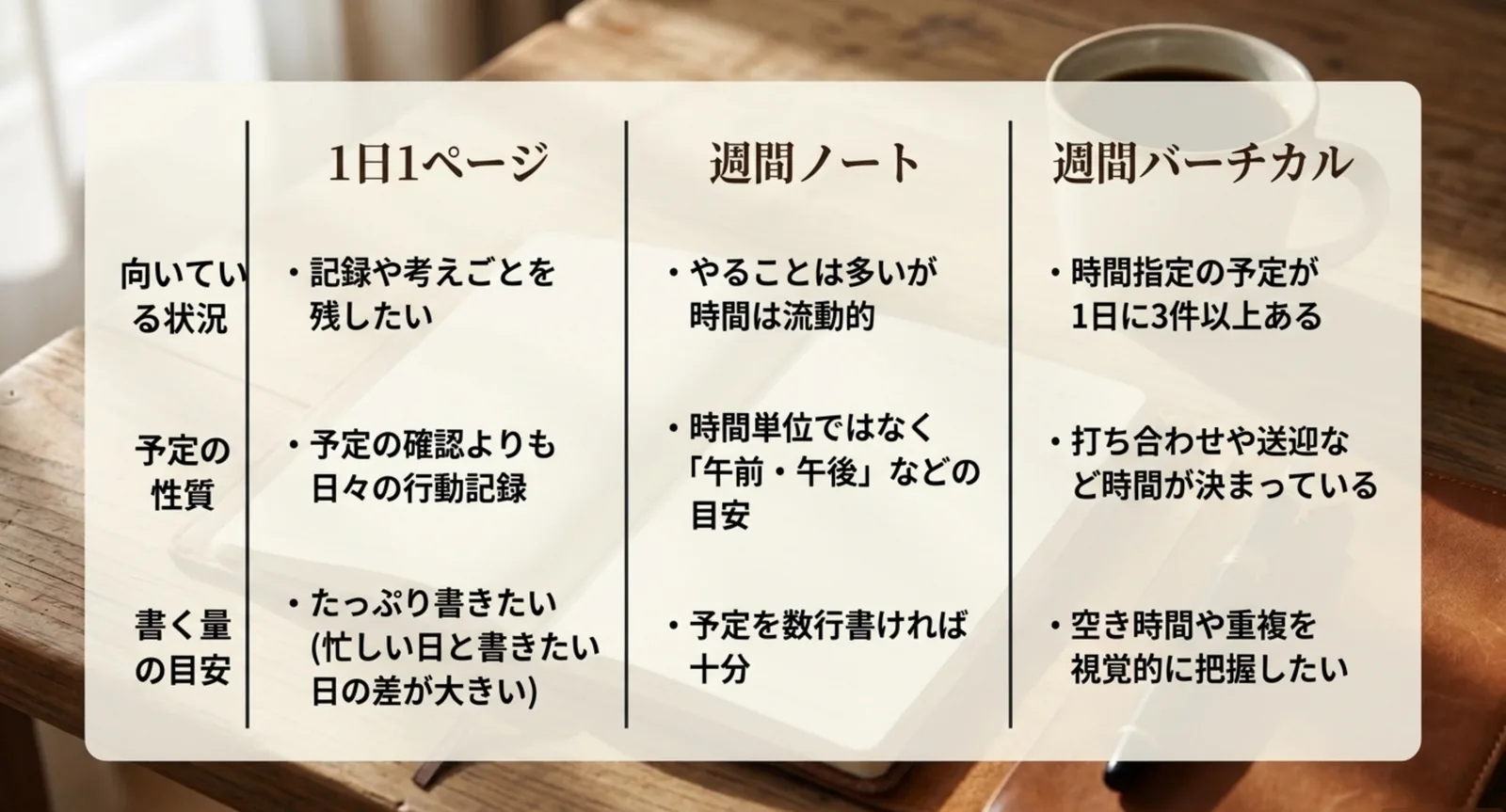 1日1ページ・週間ノート・週間バーチカルの向き不向きを比べた表