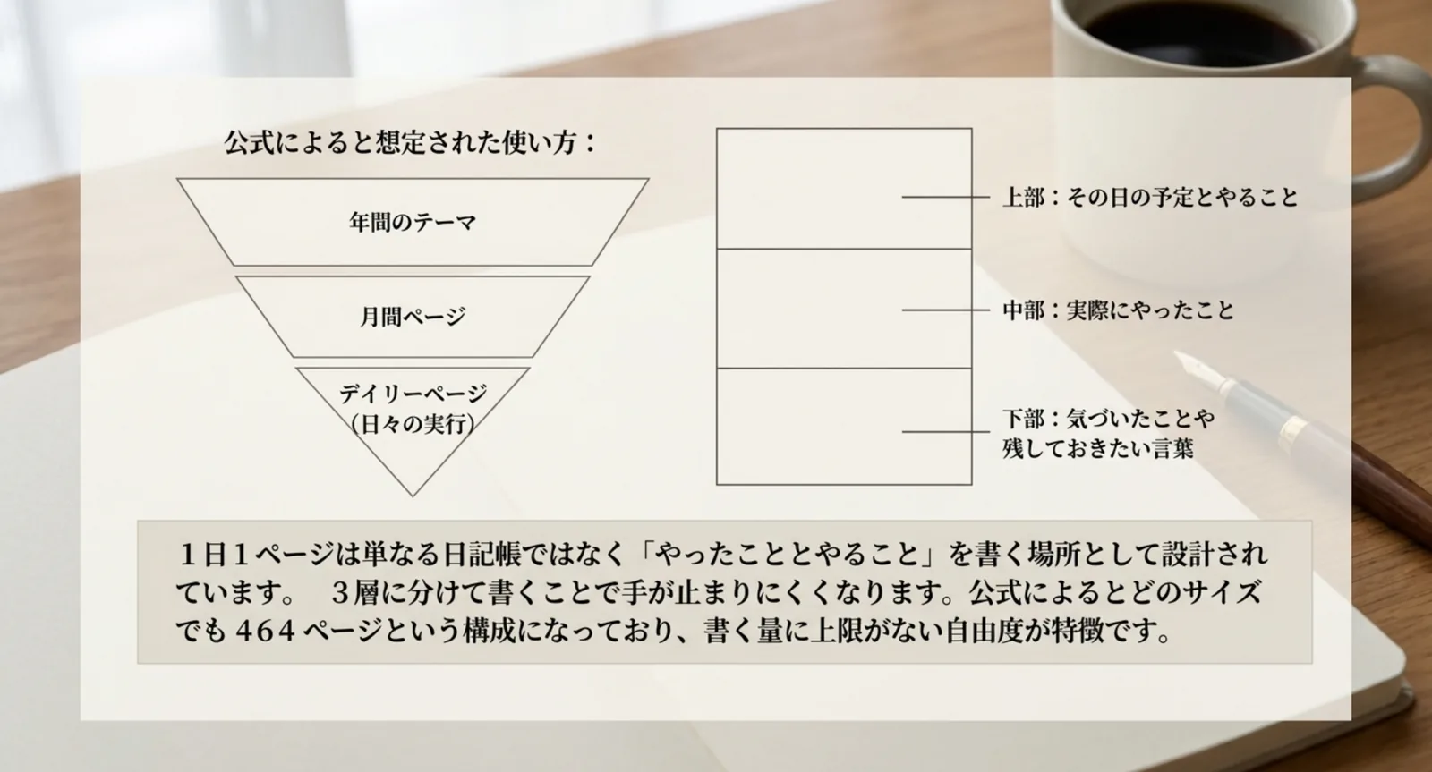 年間のテーマから月間ページ、デイリーページへ落とし込む流れの図