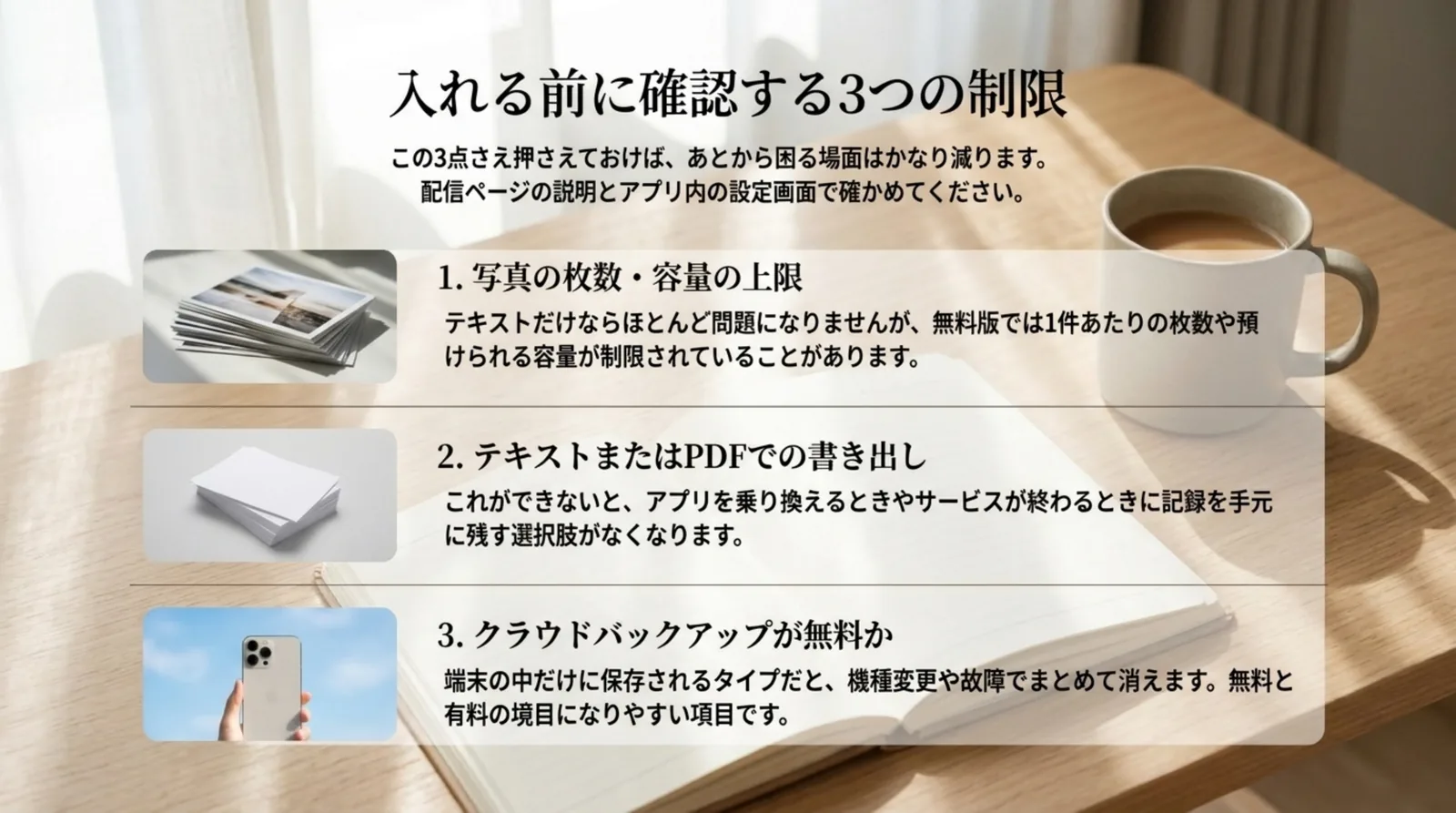 写真の枚数と容量の上限、テキストやPDFでの書き出し、クラウドバックアップが無料かという3つの確認項目を並べたスライド