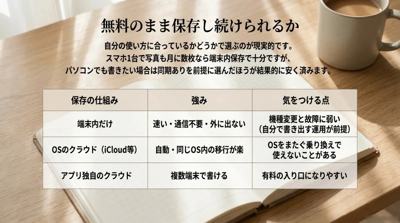 端末内だけ・OSのクラウド・アプリ独自のクラウドという3つの保存方式について、強みと気をつける点を比較した表のスライド