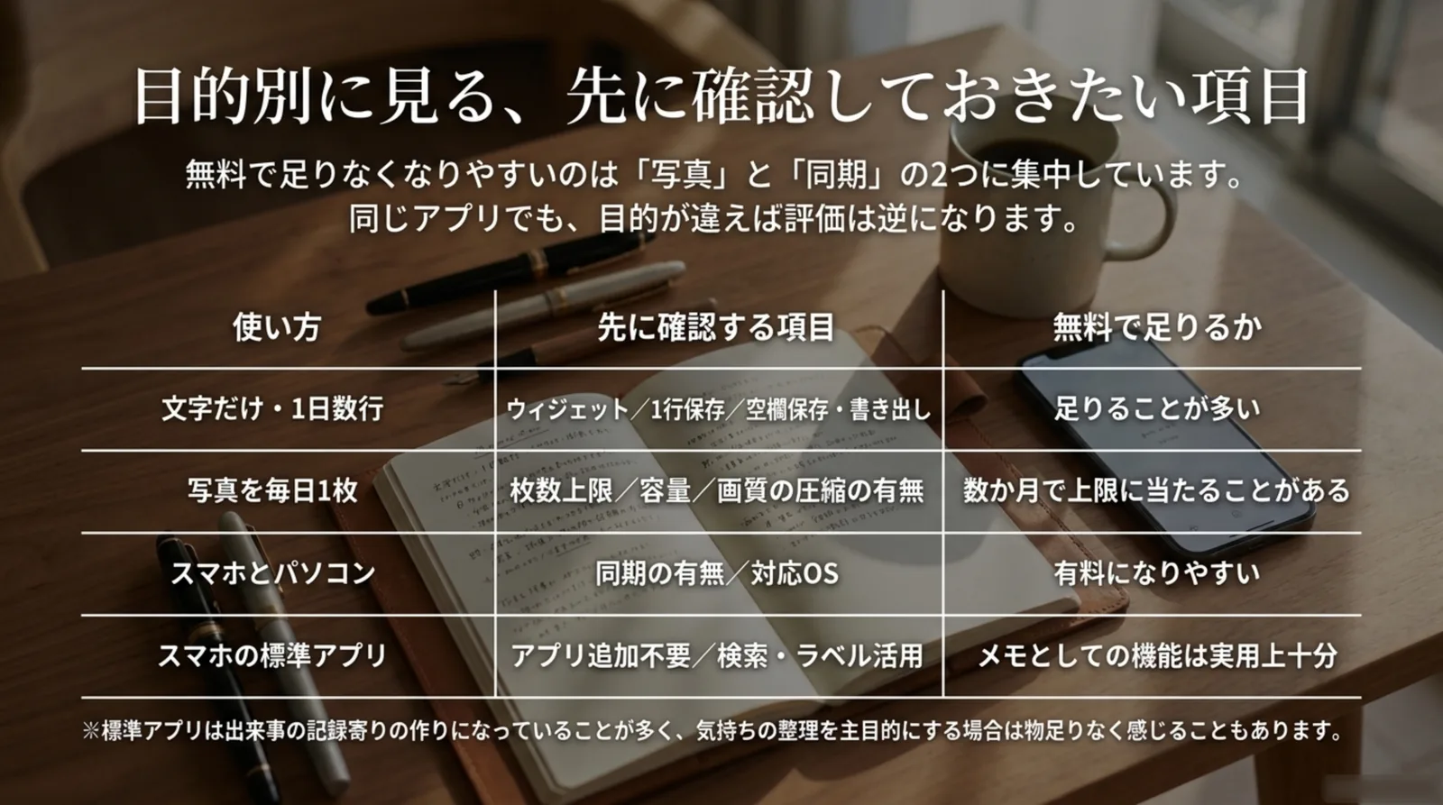 文字だけ・写真を毎日1枚・スマホとパソコン・標準アプリという4つの使い方ごとに、先に確認する項目と無料で足りるかを整理した表のスライド