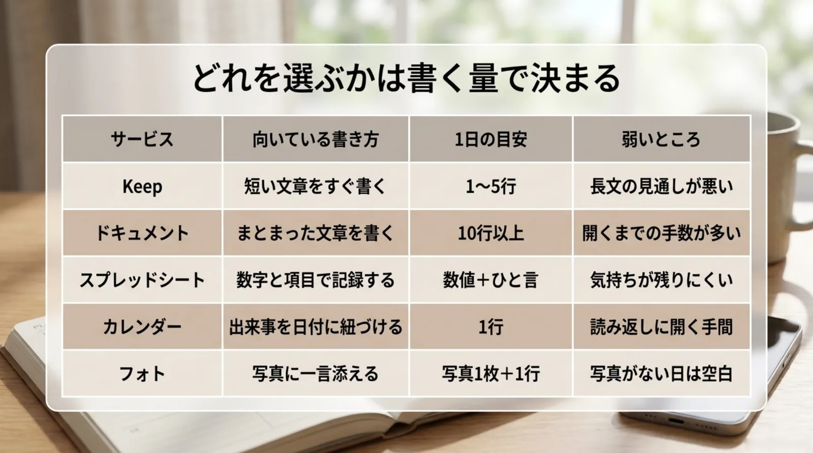 Keep・ドキュメント・スプレッドシート・カレンダー・フォトの5つについて、向いている書き方と1日の目安、弱いところを比較した表のスライド
