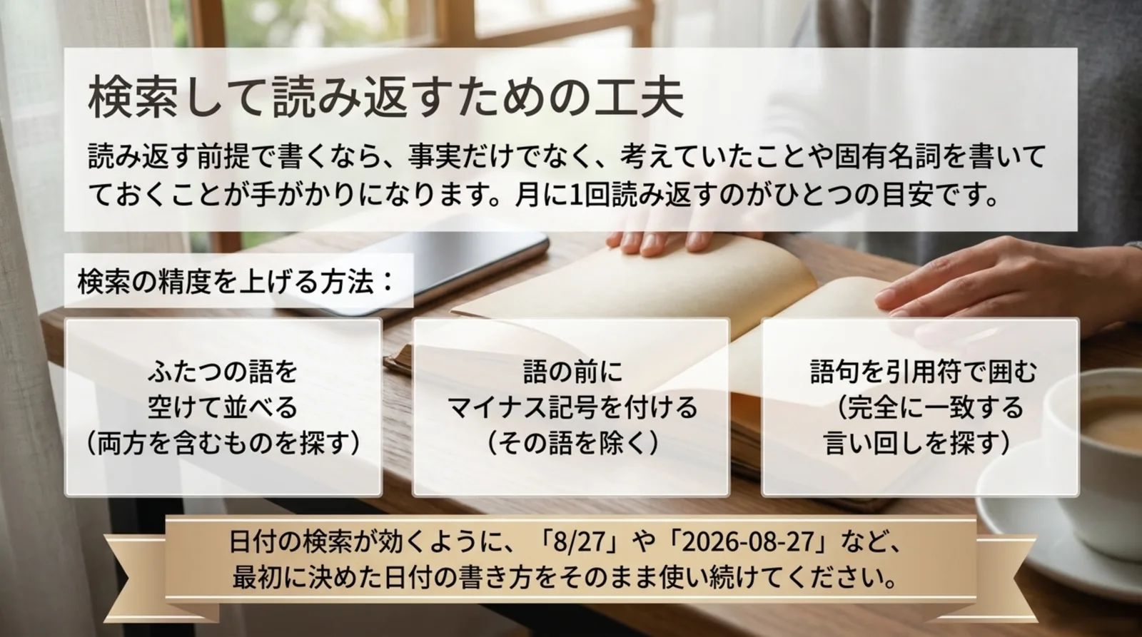 ふたつの語を空けて並べる、語の前にマイナス記号を付ける、語句を引用符で囲むという3つの検索方法を並べたスライド