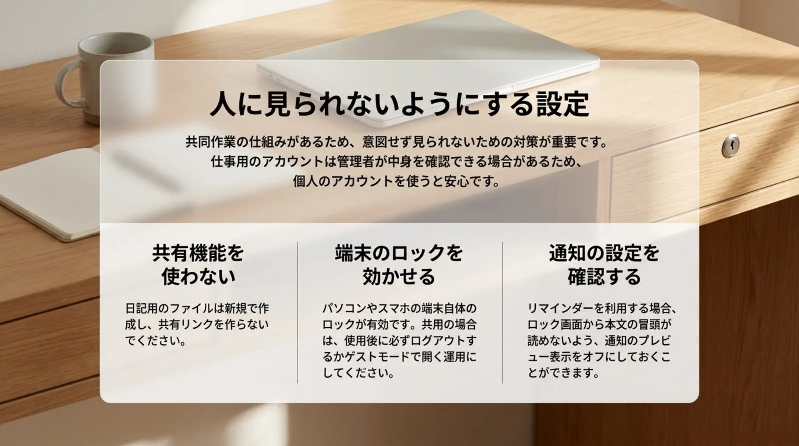共有機能を使わない、端末のロックを効かせる、通知の設定を確認するという3つの対策を並べたスライド