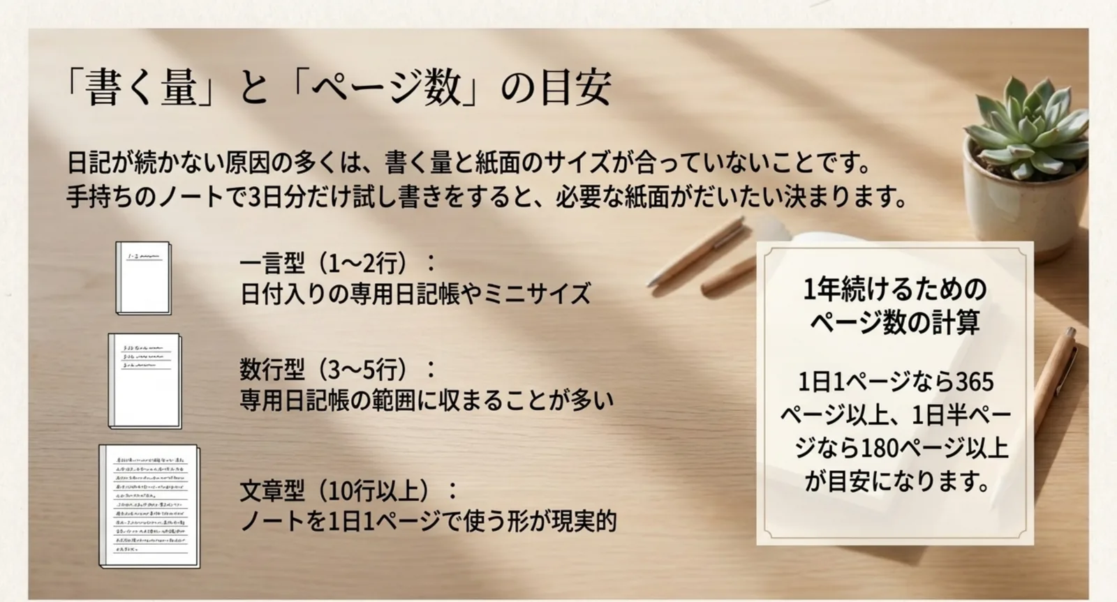 一言型・数行型・文章型の3タイプと、1日1ページなら365ページ以上という必要ページ数の計算をまとめたスライド