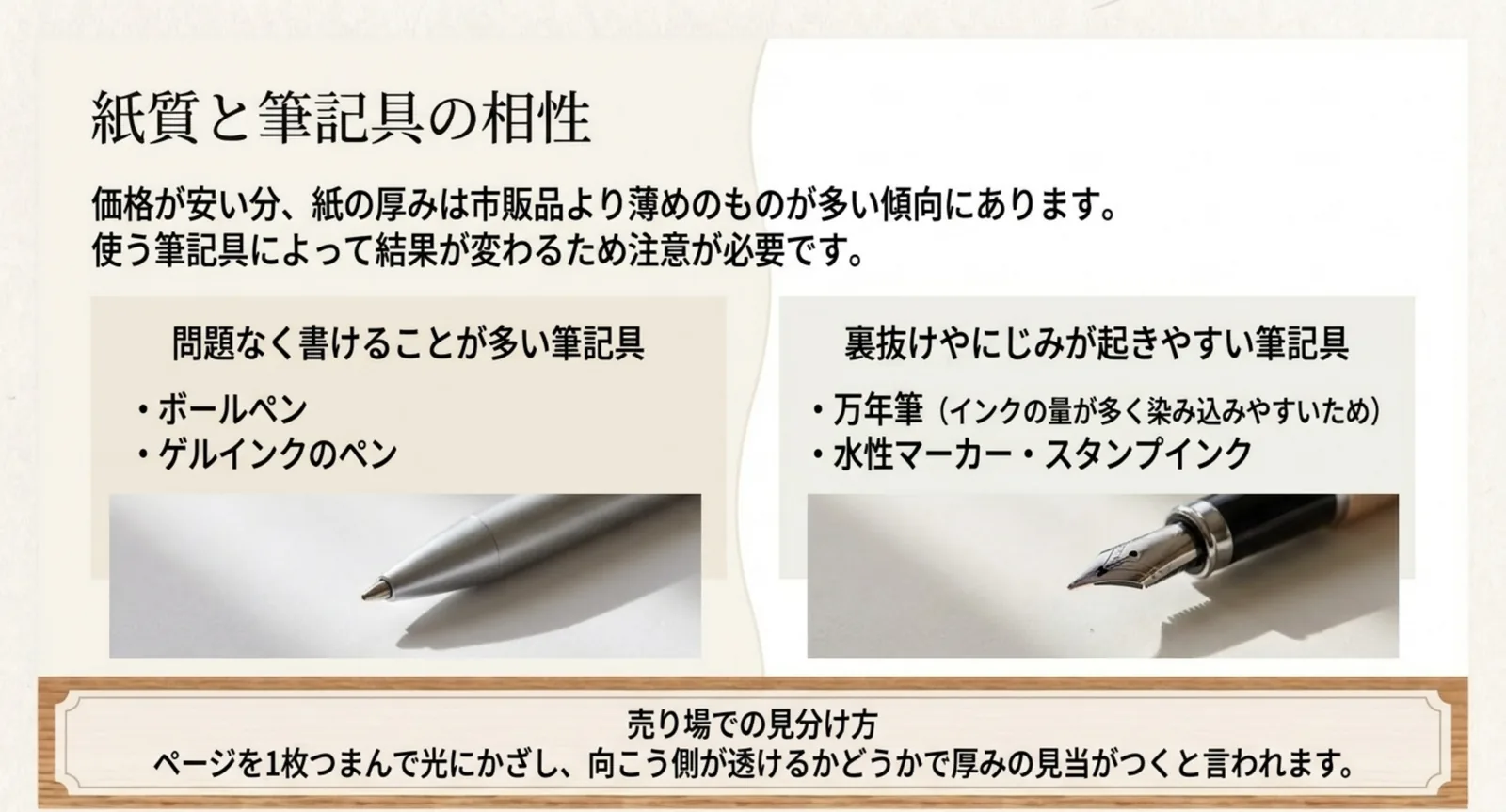 ボールペンやゲルインクは問題なく書ける一方、万年筆や水性マーカーは裏抜けしやすいことを左右に分けて示したスライド