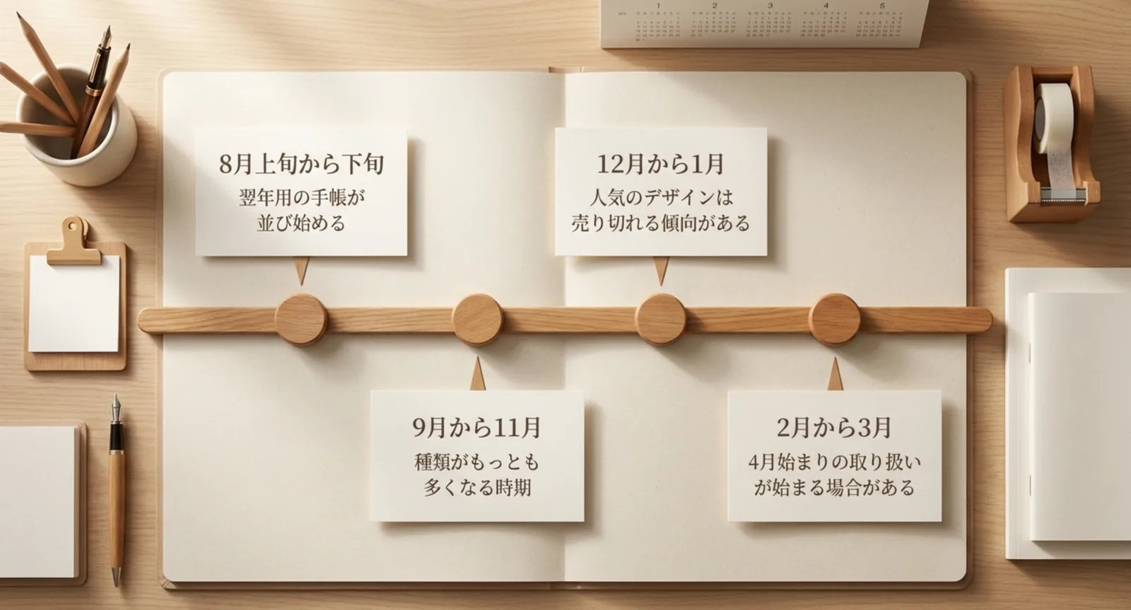 8月上旬から翌年3月までの100均手帳の売り場の動きを示した図