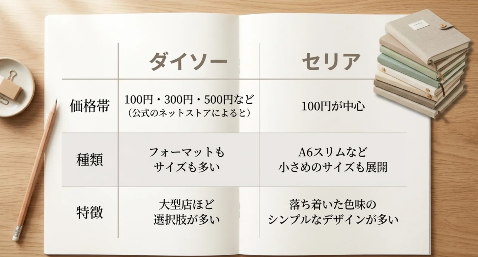 ダイソーとセリアの価格帯と種類と特徴を比べた表