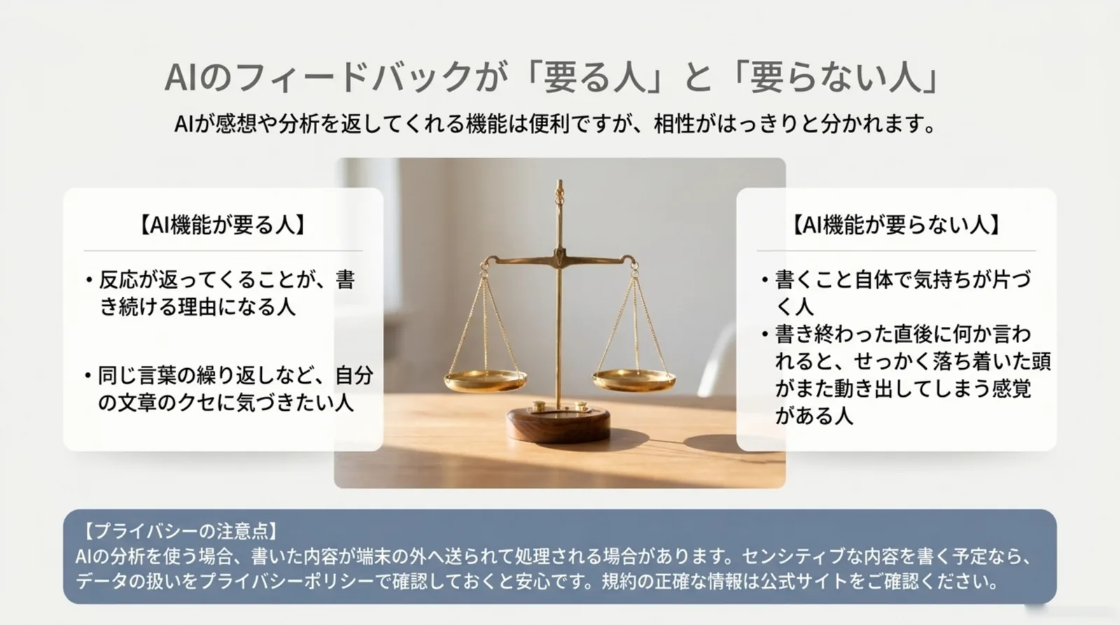 AI機能が要る人と要らない人の特徴を左右に分けて比較し、プライバシーの注意点を添えたスライド