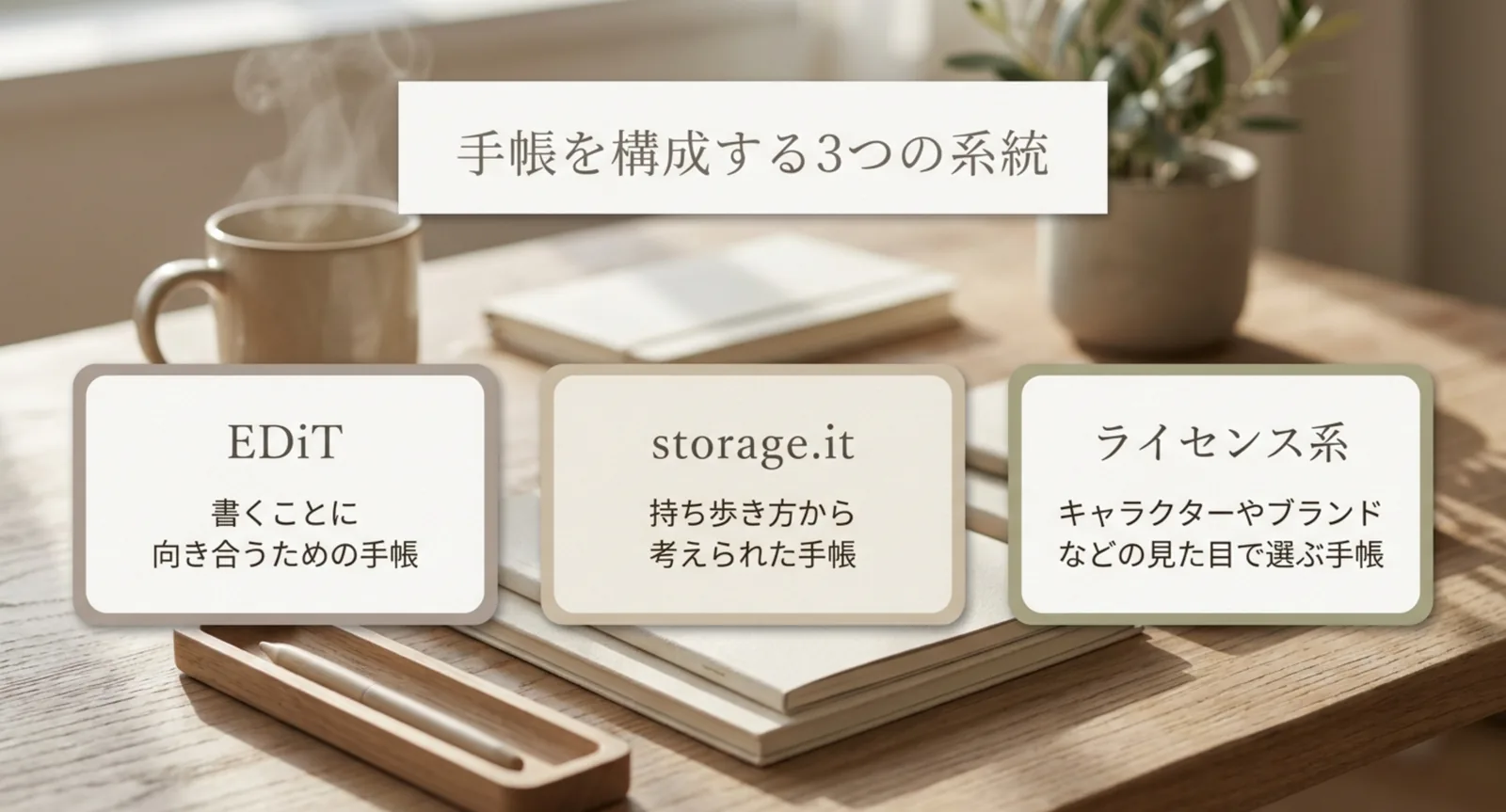 EDiT・storage.it・ライセンス系という3つの系統を並べた図