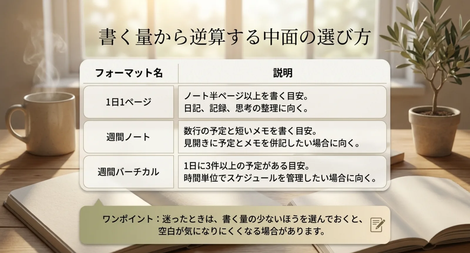 1日1ページ・週間ノート・週間バーチカルの目安を比べた表