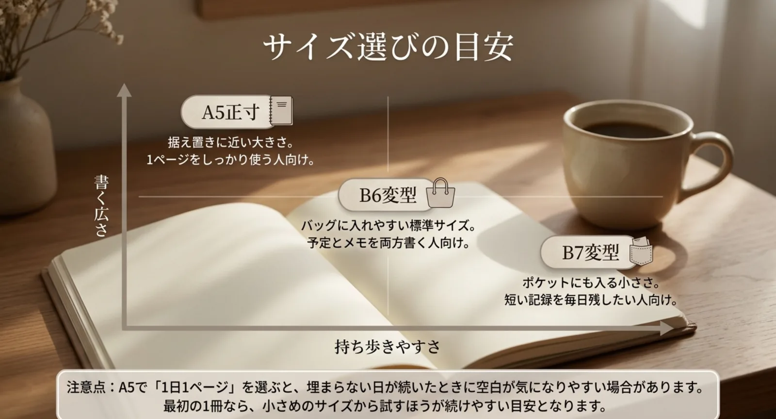 A5正寸・B6変型・B7変型を書く広さと持ち歩きやすさで比べた図