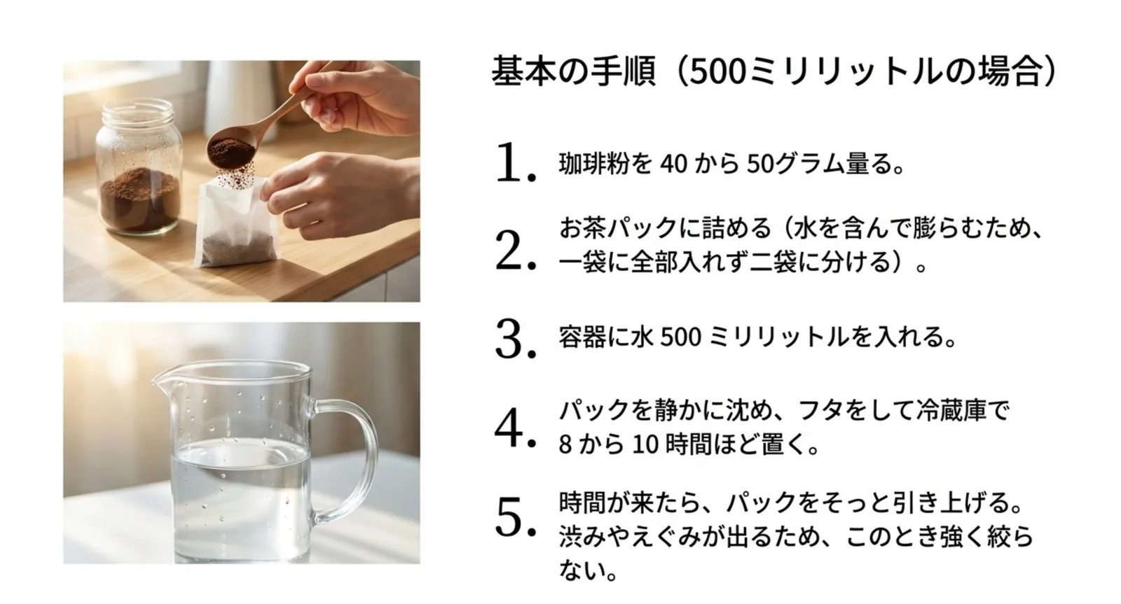 粉を量る、お茶パックに詰める、水を入れる、冷蔵庫で寝かせる、引き上げるという5手順を示したスライド