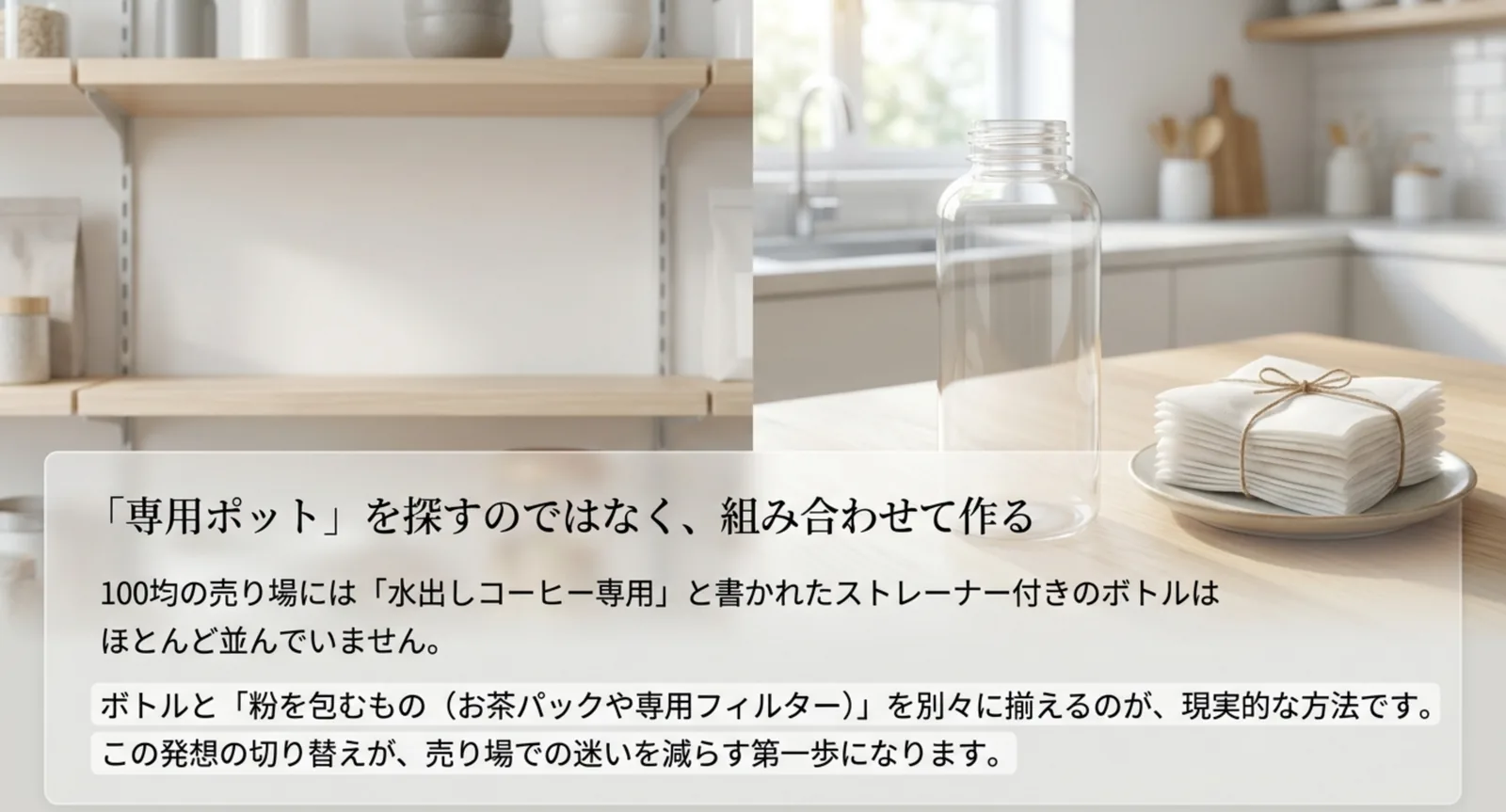 口の広いボトルと不織布フィルターを並べ、100均では専用ポットではなく組み合わせで揃える考え方を示したスライド