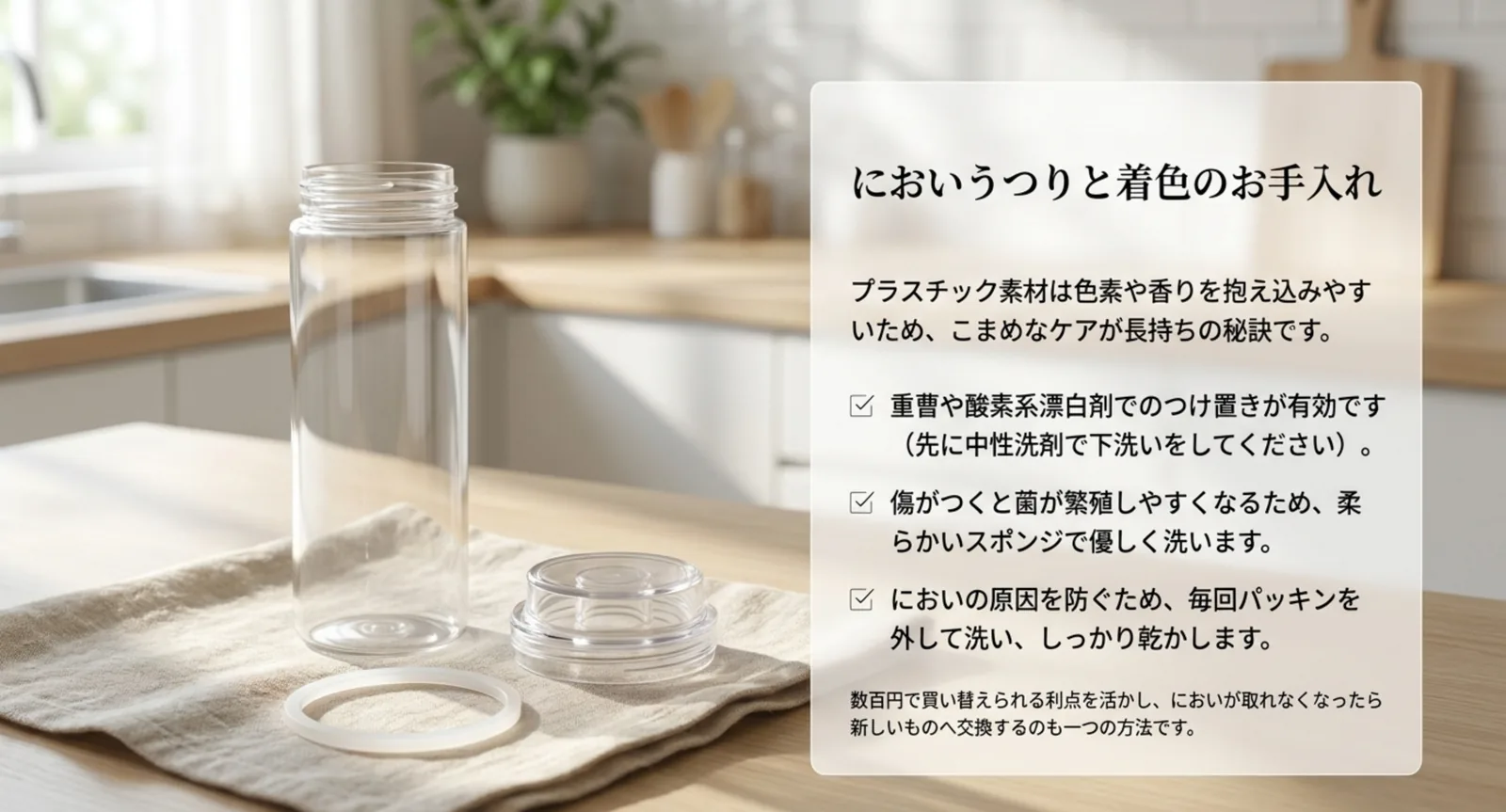 分解したボトル本体とフタ、パッキンを並べ、つけ置きと洗い方の注意点を示したスライド