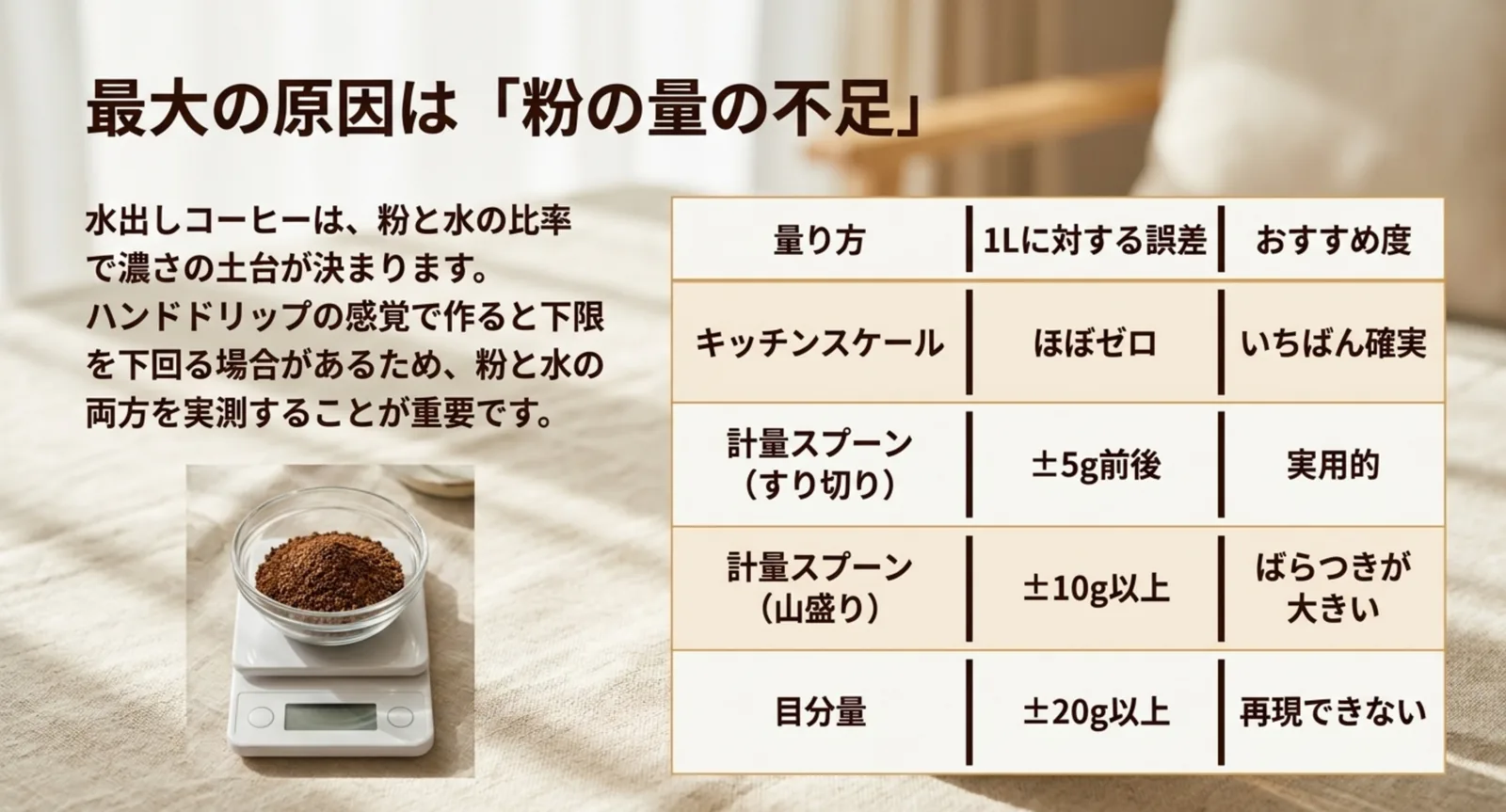 キッチンスケールと計量スプーンと目分量で、1リットルぶんを量ったときの誤差を比べた表のスライド