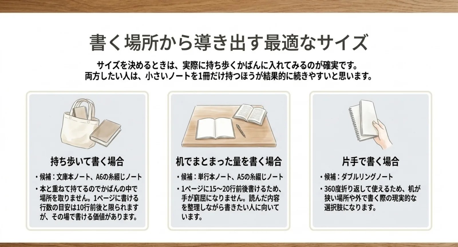 持ち歩いて書く場合・机でまとまった量を書く場合・片手で書く場合それぞれに向くノートの候補を並べたスライド