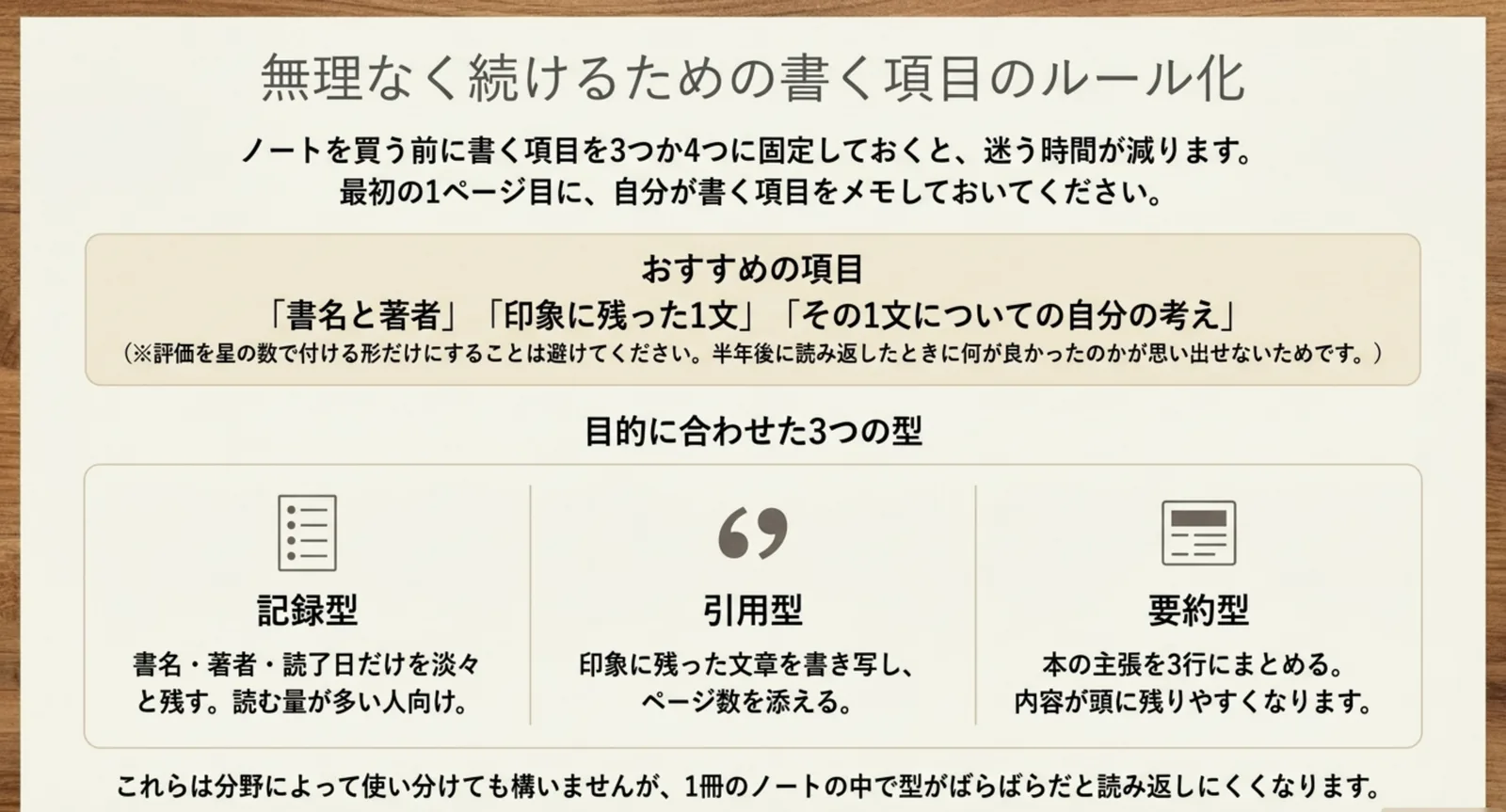 書名と著者・印象に残った1文・その1文についての考えという項目と、記録型・引用型・要約型の3つの型をまとめたスライド