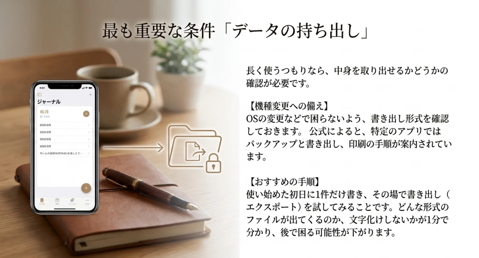 日記アプリのデータを書き出して保存する流れを示した図