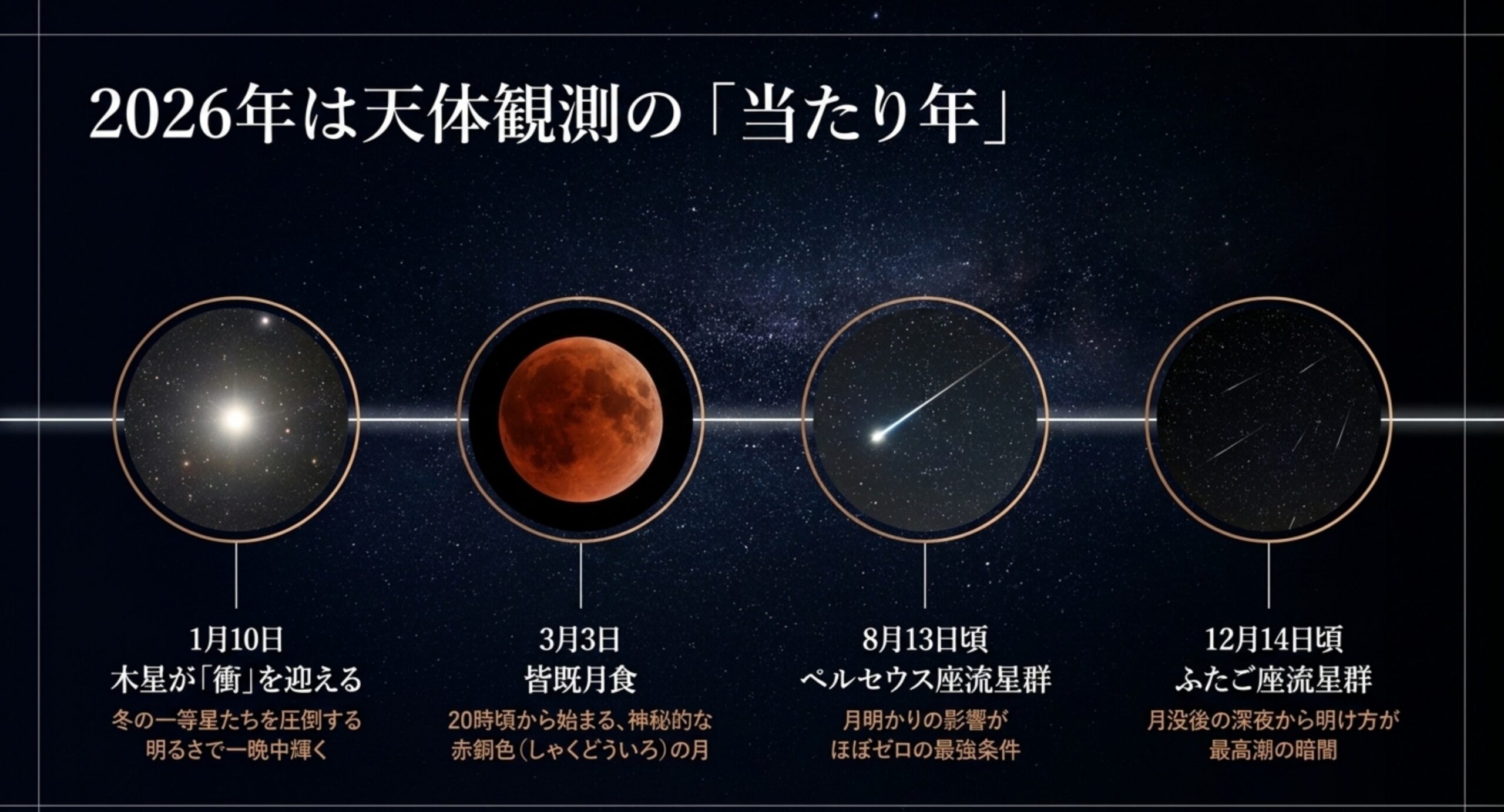 2026年の木星の衝、皆既月食、ペルセウス座流星群、ふたご座流星群の日付と見どころを時系列で並べたスライド