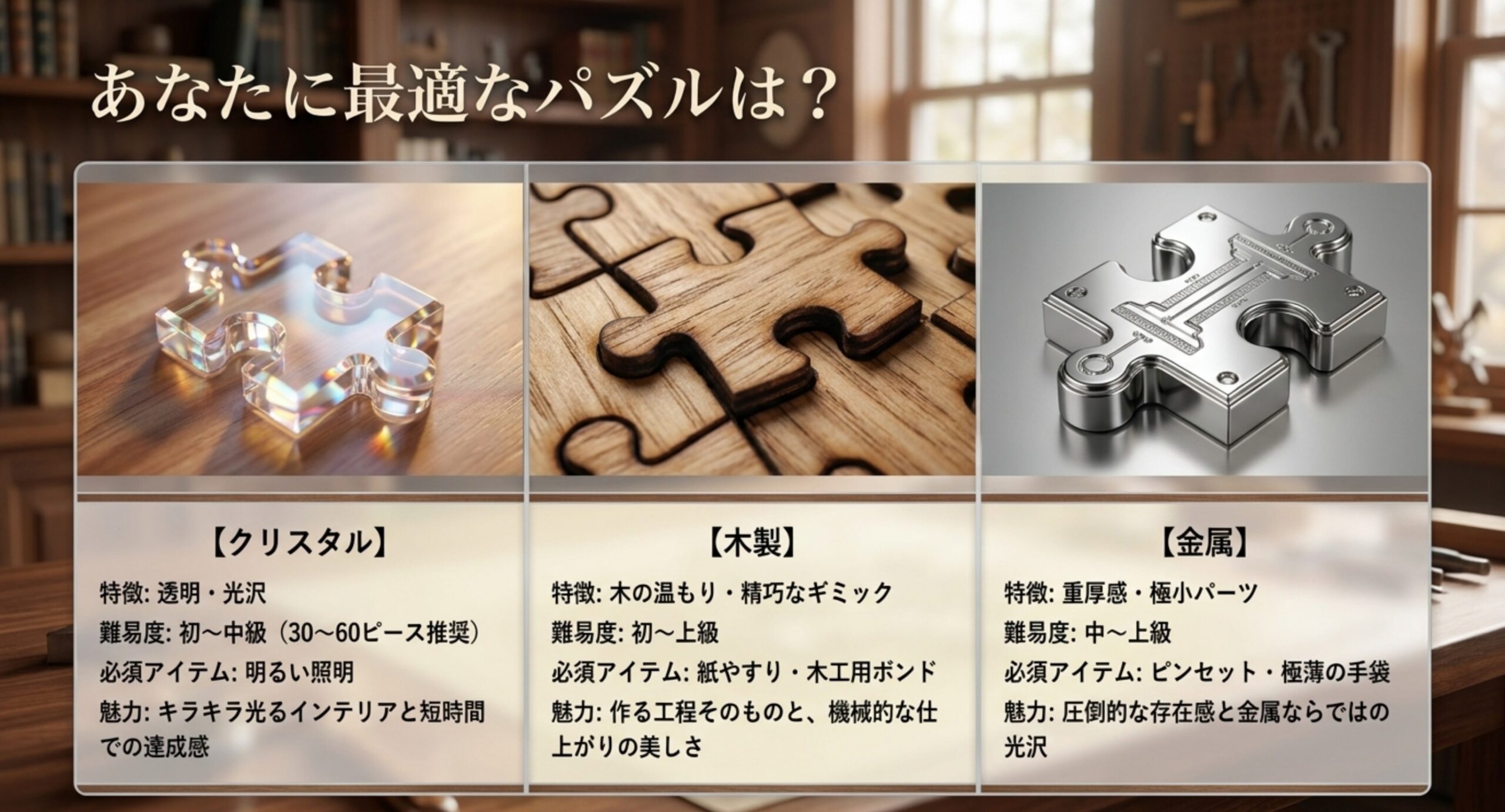 クリスタル、木製、金属それぞれの立体パズルについて特徴、難易度、必須アイテム、魅力を並べて比較したスライド