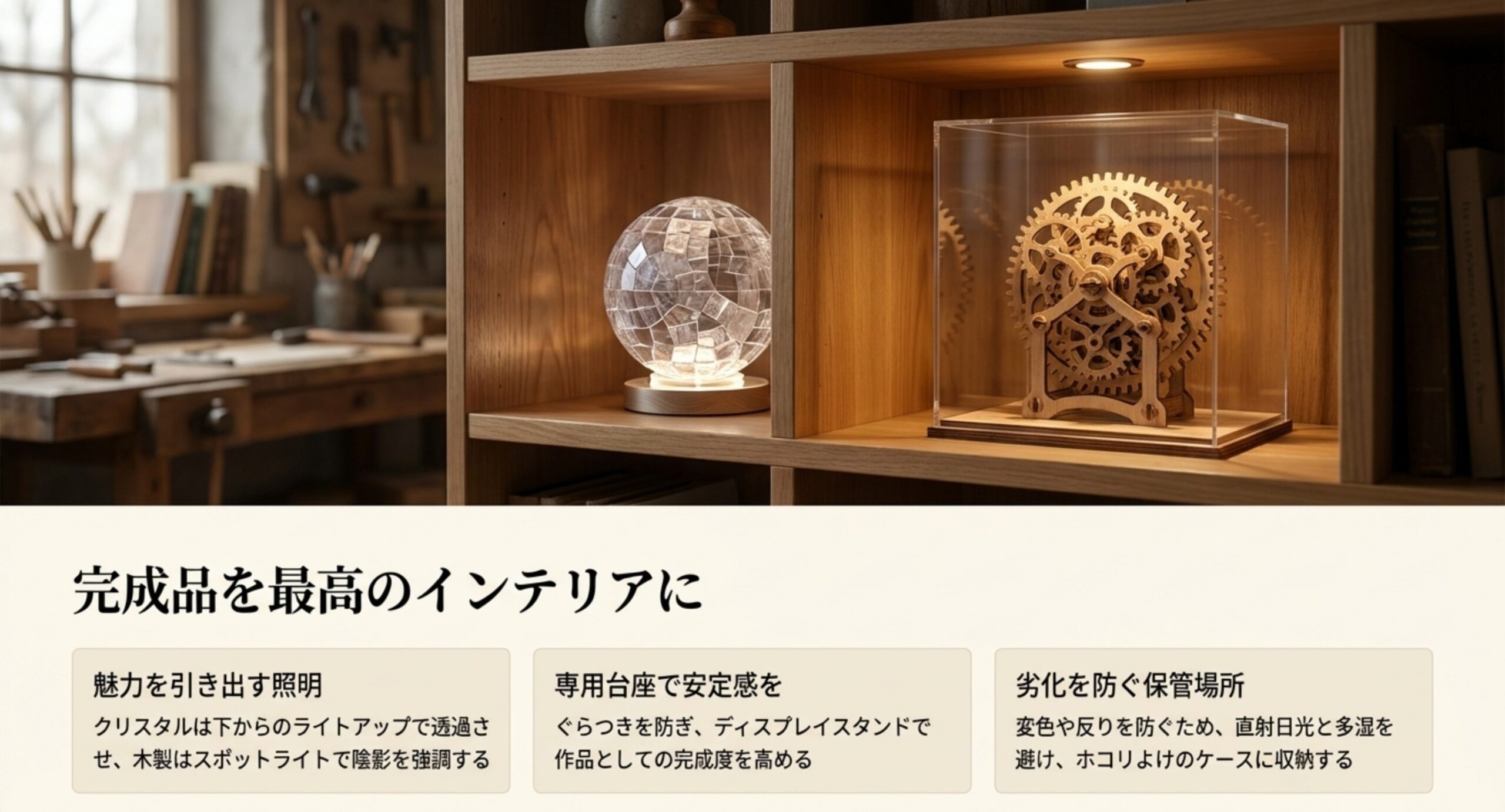 魅力を引き出す照明、専用台座による安定感、劣化を防ぐ保管場所という立体パズル完成品の飾り方のポイントを示したスライド