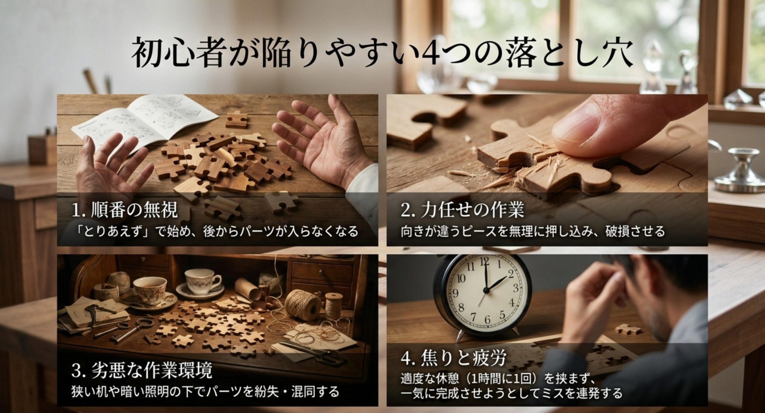 順番の無視、力任せの作業、劣悪な作業環境、焦りと疲労という立体パズル初心者が陥りやすい4つの落とし穴を示したスライド