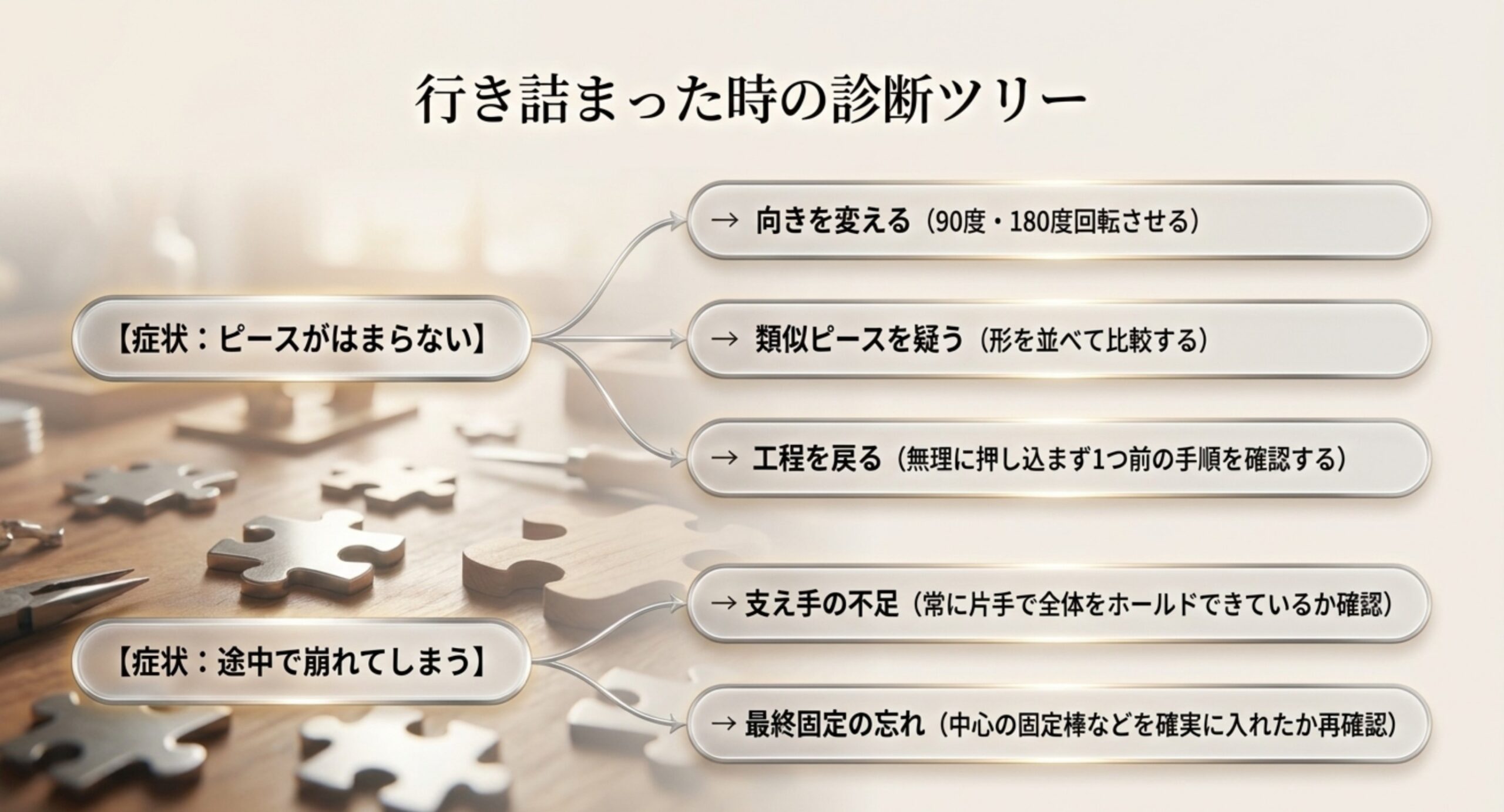 ピースがはまらない場合と途中で崩れてしまう場合それぞれについて、確認すべき対処法を枝分かれで示した診断ツリーのスライド