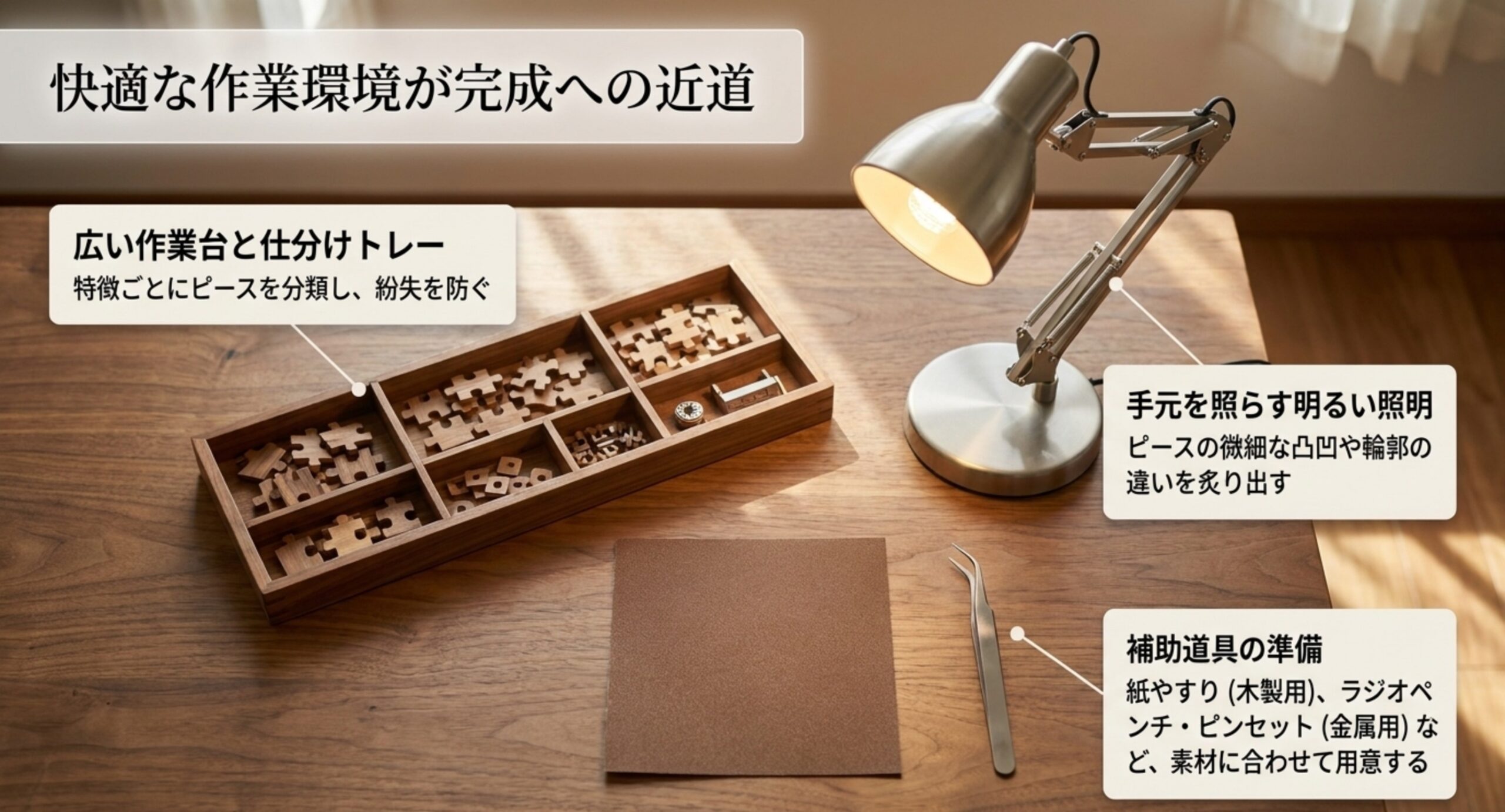 広い作業台と仕分けトレー、手元を照らす明るい照明、紙やすりやピンセットなどの補助道具という作業環境の整え方を示したスライド