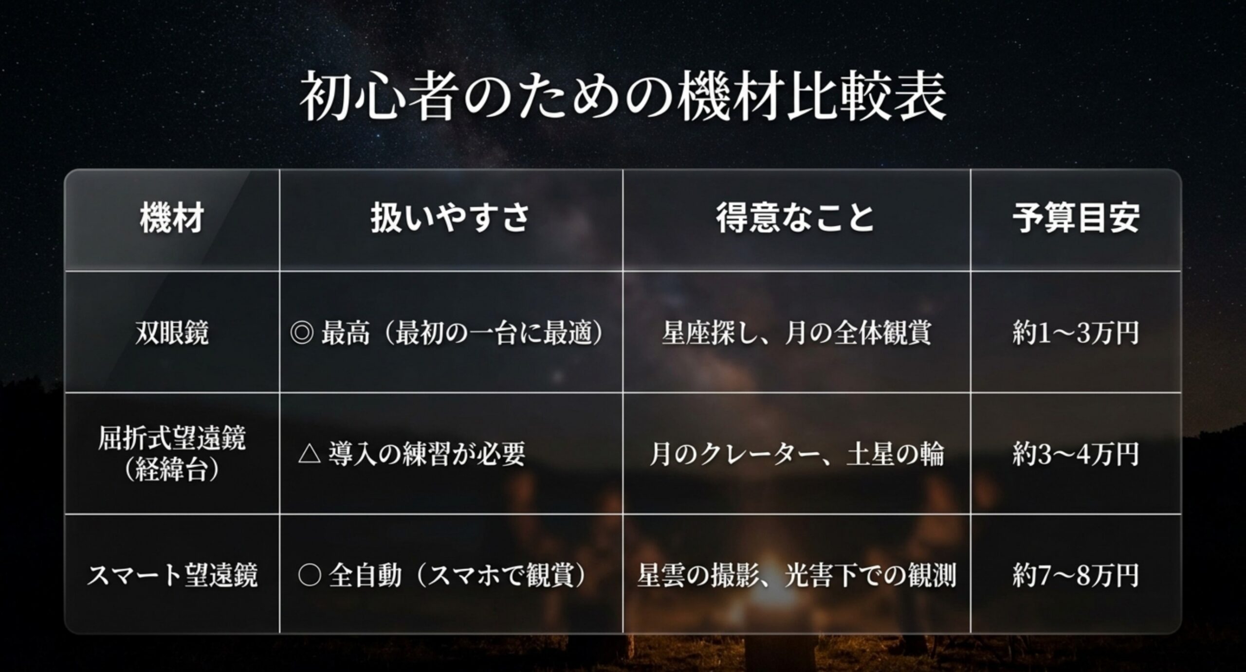 双眼鏡・屈折式望遠鏡・スマート望遠鏡の扱いやすさ、得意なこと、予算目安を並べて比較した表のスライド