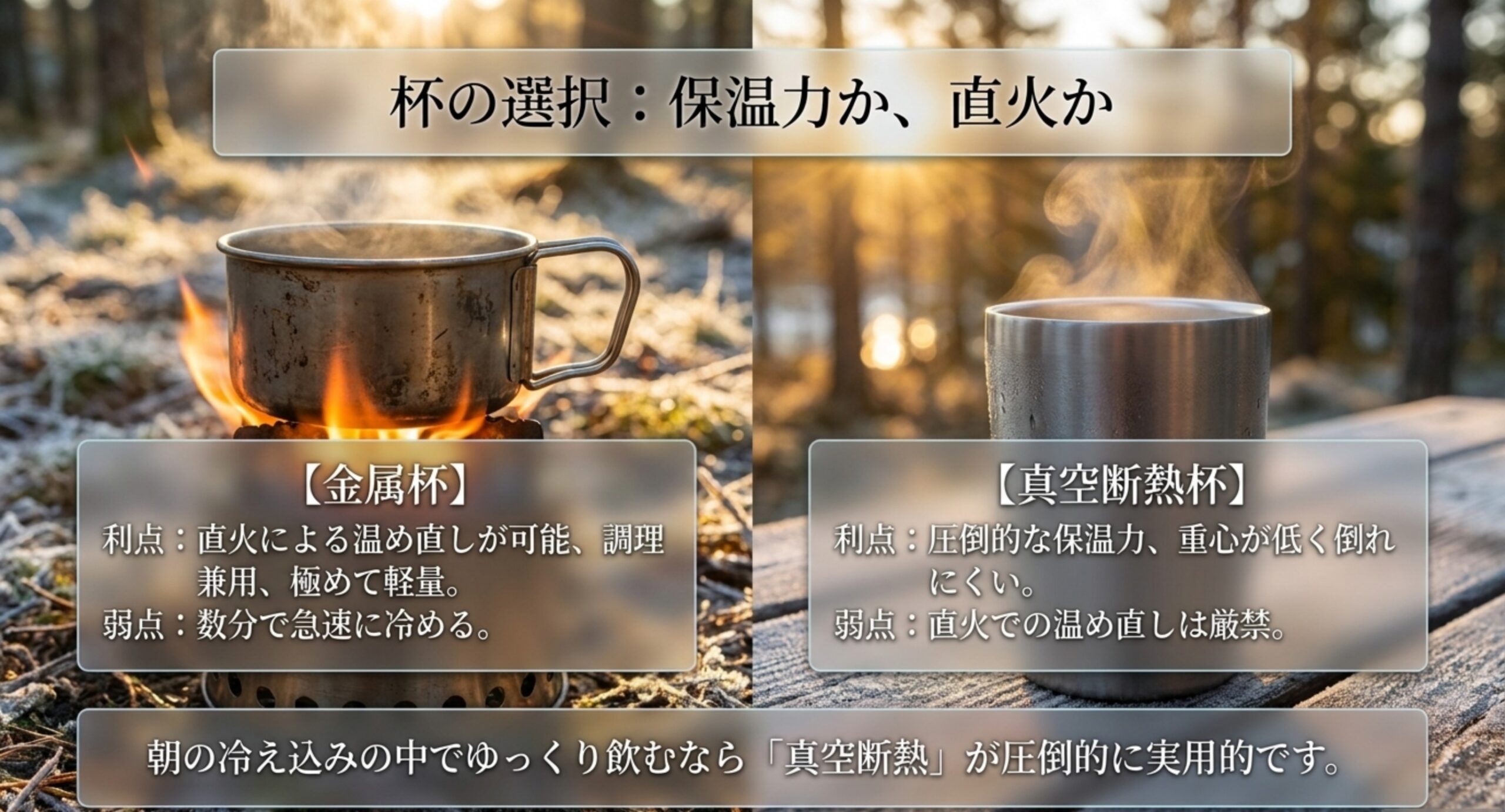 直火で温め直せるが冷めやすい金属カップと、保温力は高いが直火不可の真空断熱カップの利点と弱点を対比した図