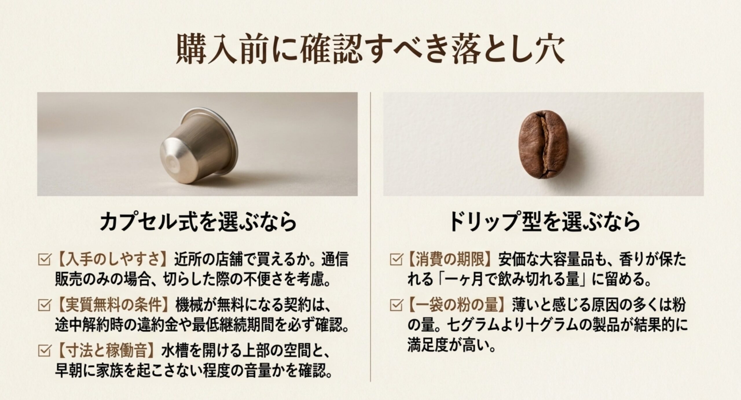 カプセル式は入手のしやすさと実質無料の条件と寸法や稼働音、ドリップバッグは飲みきる期限と1袋の粉の量を確認するというチェック項目の図