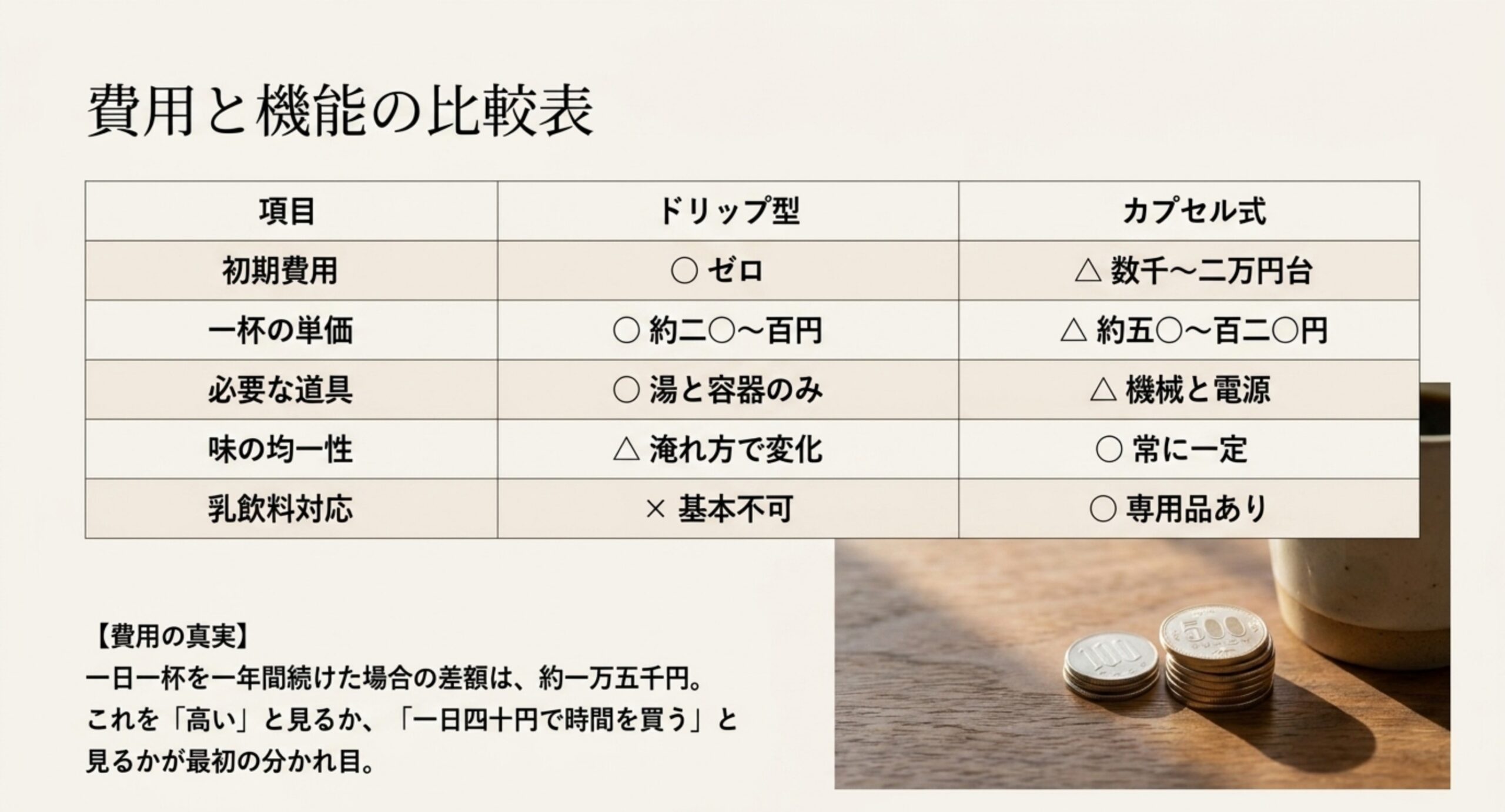 初期費用、1杯の単価、必要な道具、味の均一性、乳飲料対応の5項目でドリップバッグとカプセル式を比較した表